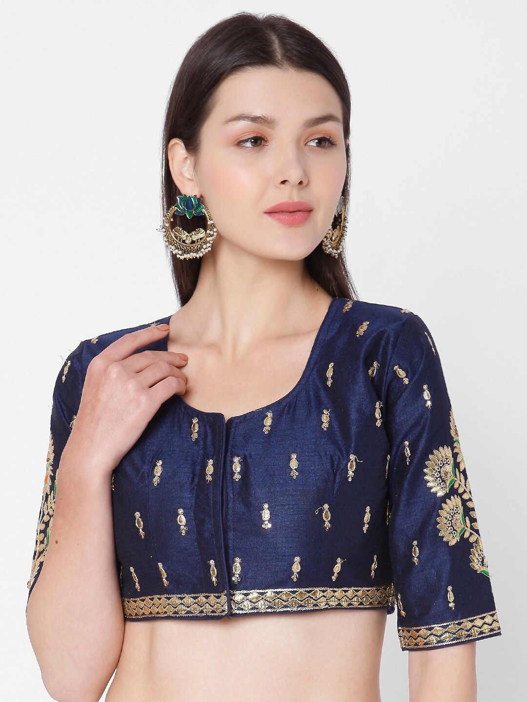 SALWAR STUDIO Women Blue & Gold-Coloured Embroidered Padded Readymade Saree Blouse Price in India
