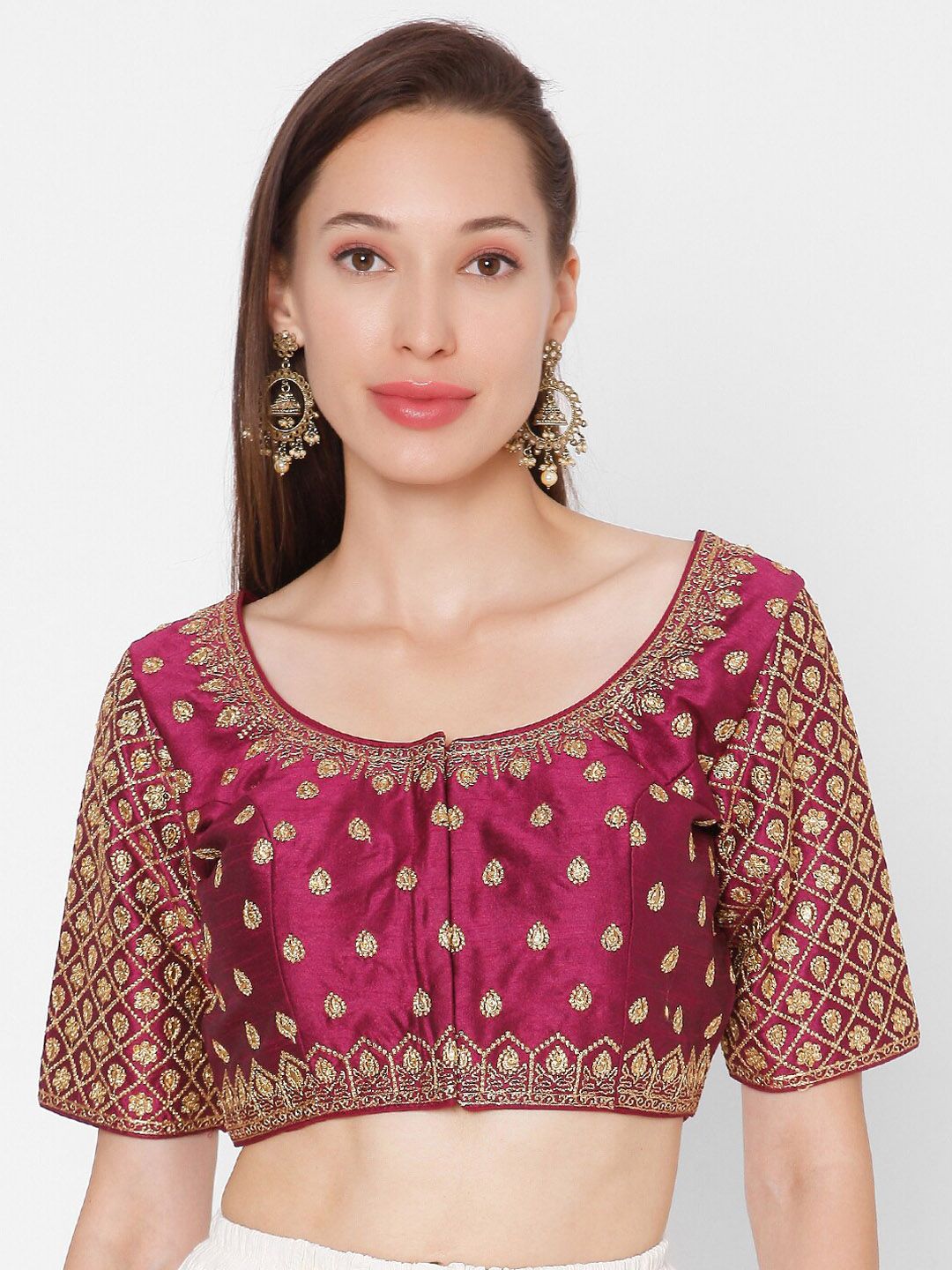SALWAR STUDIO Women Magenta Pink & Gold-Coloured Embroidered Padded Raw Silk Art Readymade Saree Blouse Price in India