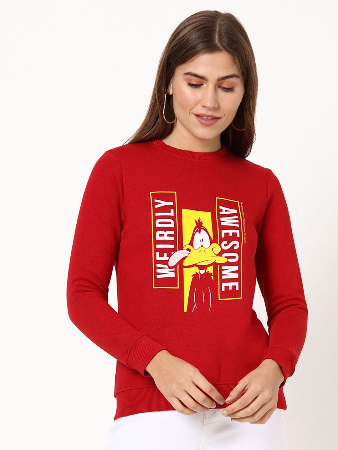 Bewakoof Women Red & Yellow Daffy Awesome Printed Cotton Fleece Pullover Price in India