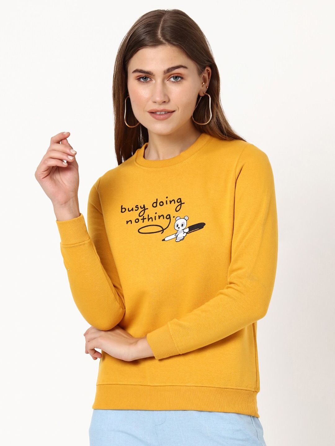 Bewakoof Women Yellow & Black Typography Printed Pullover Price in India