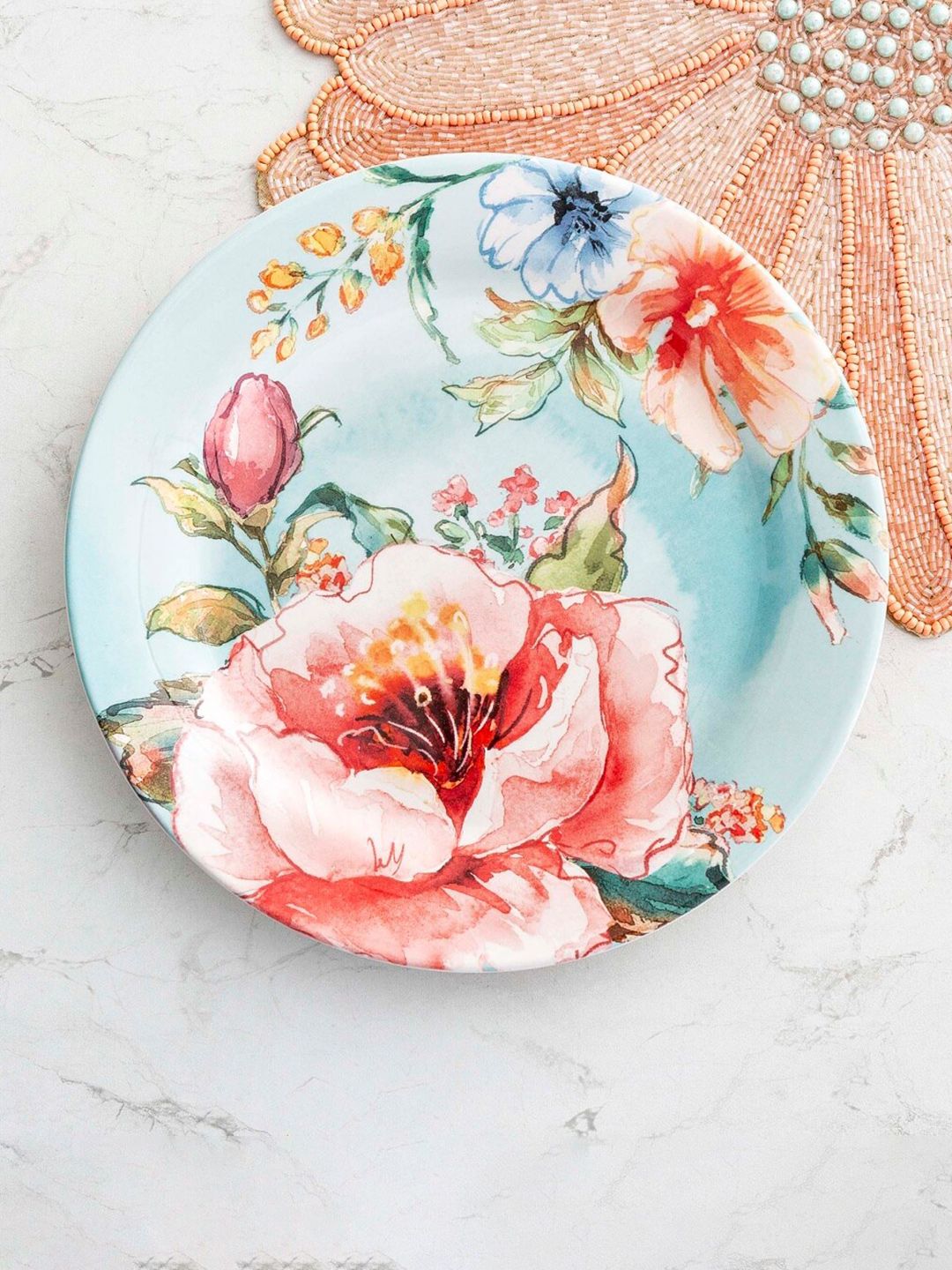 Home Centre Blue & Pink 1 Pieces Floral Printed Stoneware Matte Plate Price in India