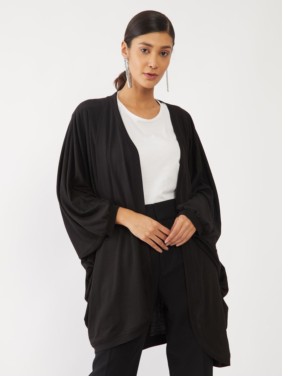 Zink London Women Black Solid Longline Shrug Price in India