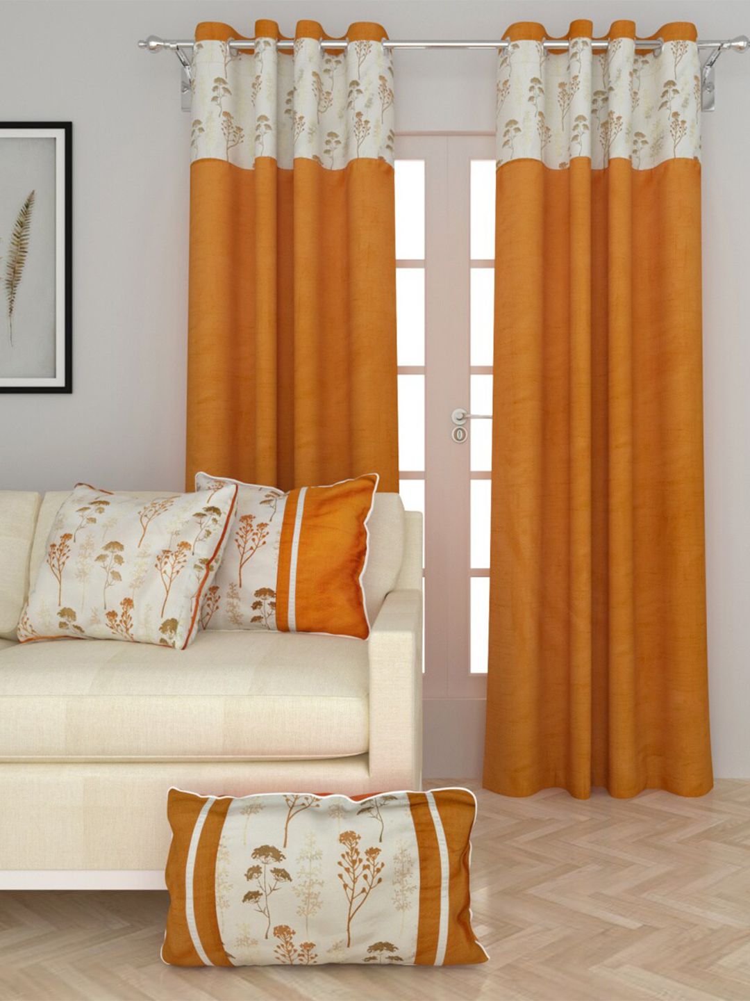Home Centre Mustard & Off White Set of 2 Door Curtains & 5-Pcs Cushion Cover Set Price in India