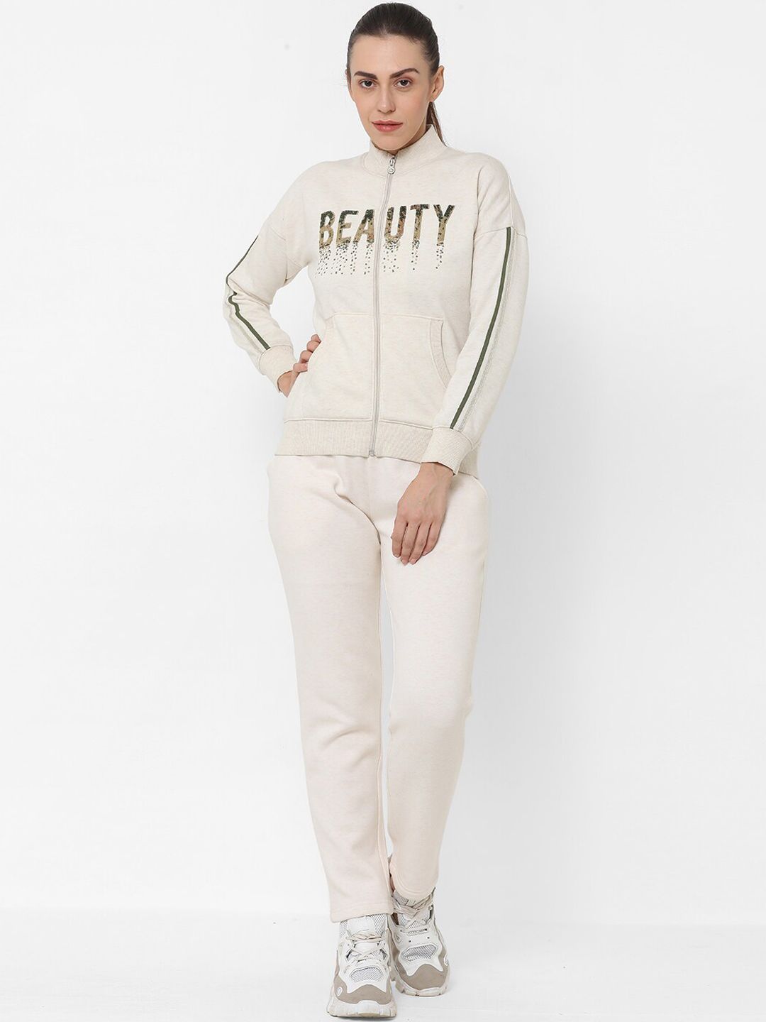 Sweet Dreams Women Off White & Brown Printed Tracksuit Price in India