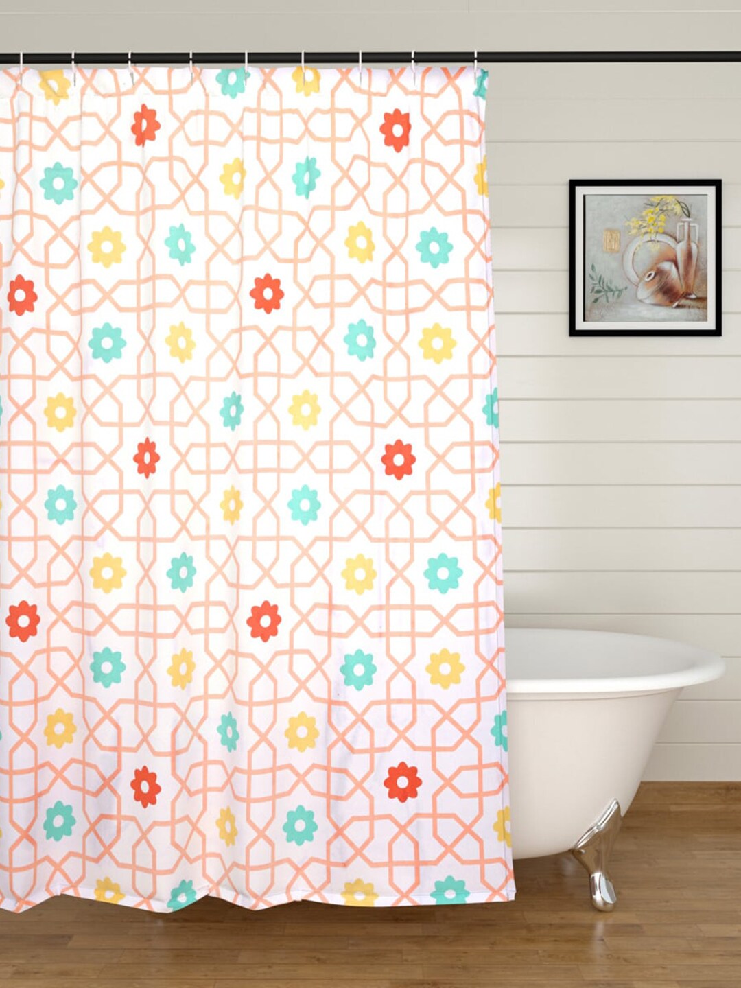 Home Centre White & Pink Printed Shower Curtain Price in India