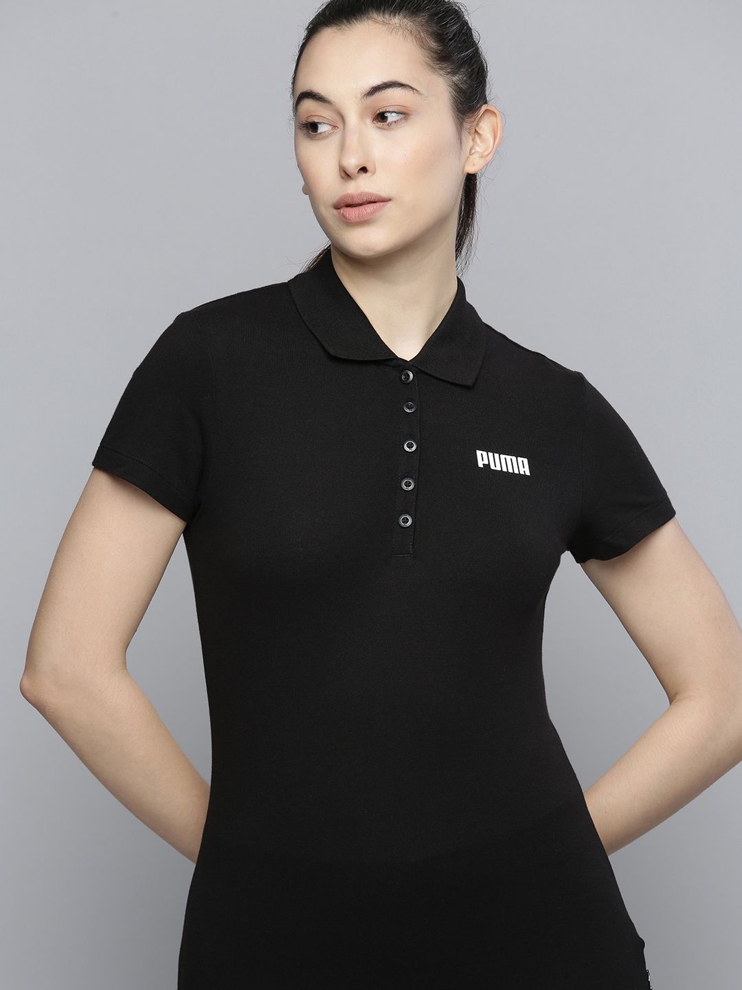 Puma Women Black Solid Essentials Pique Polo Collar T-shirt Price in India