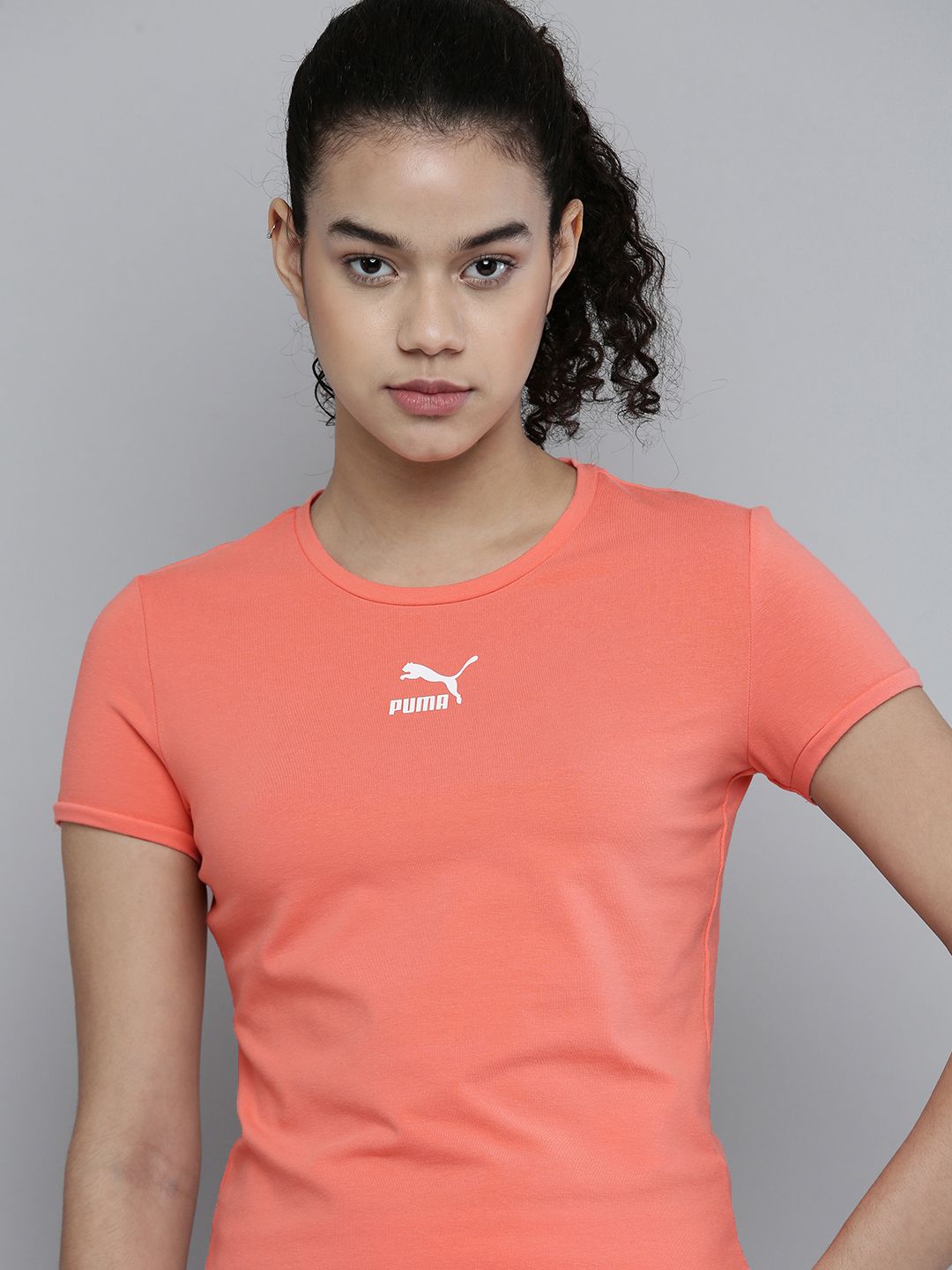 Puma Women Peach-Coloured Solid Classics Fitted Slim Fit Round Neck T-shirt Price in India