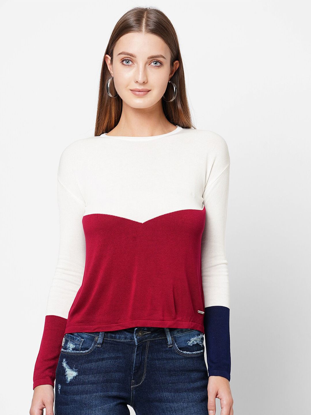 Pepe Jeans Women Red & White Colourblocked Pullover Price in India