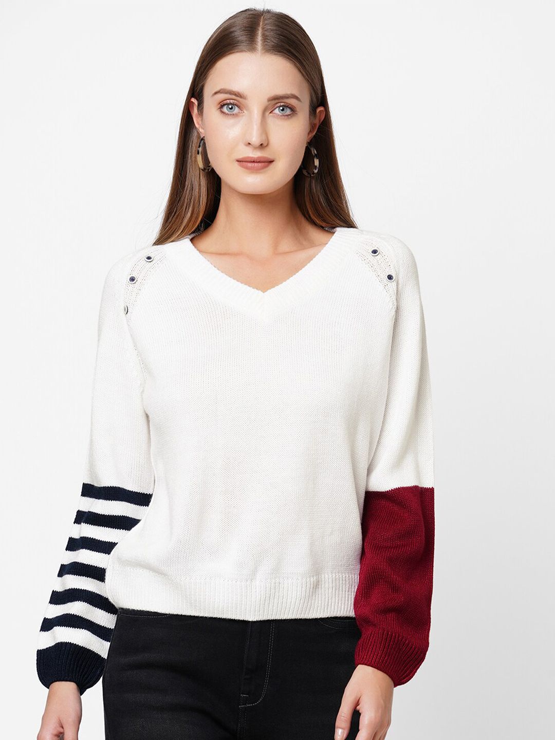 Pepe Jeans Women White & Black Colourblocked Acrylic Pullover Sweater Price in India