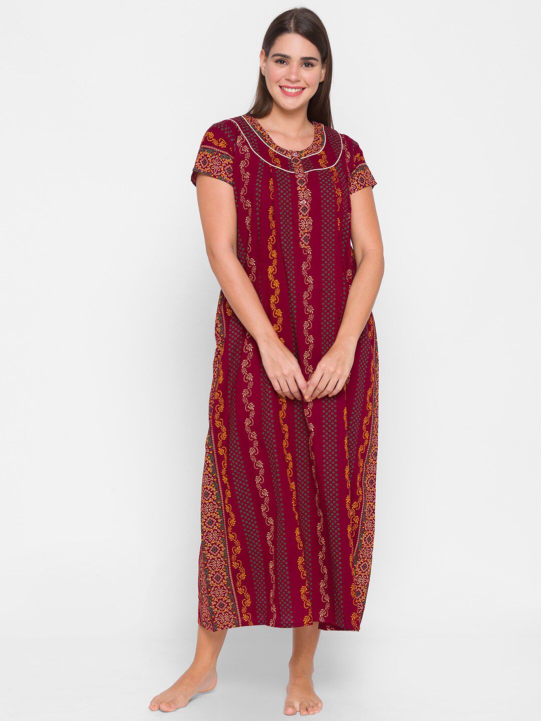 AV2 Maroon Printed Maxi Nightdress