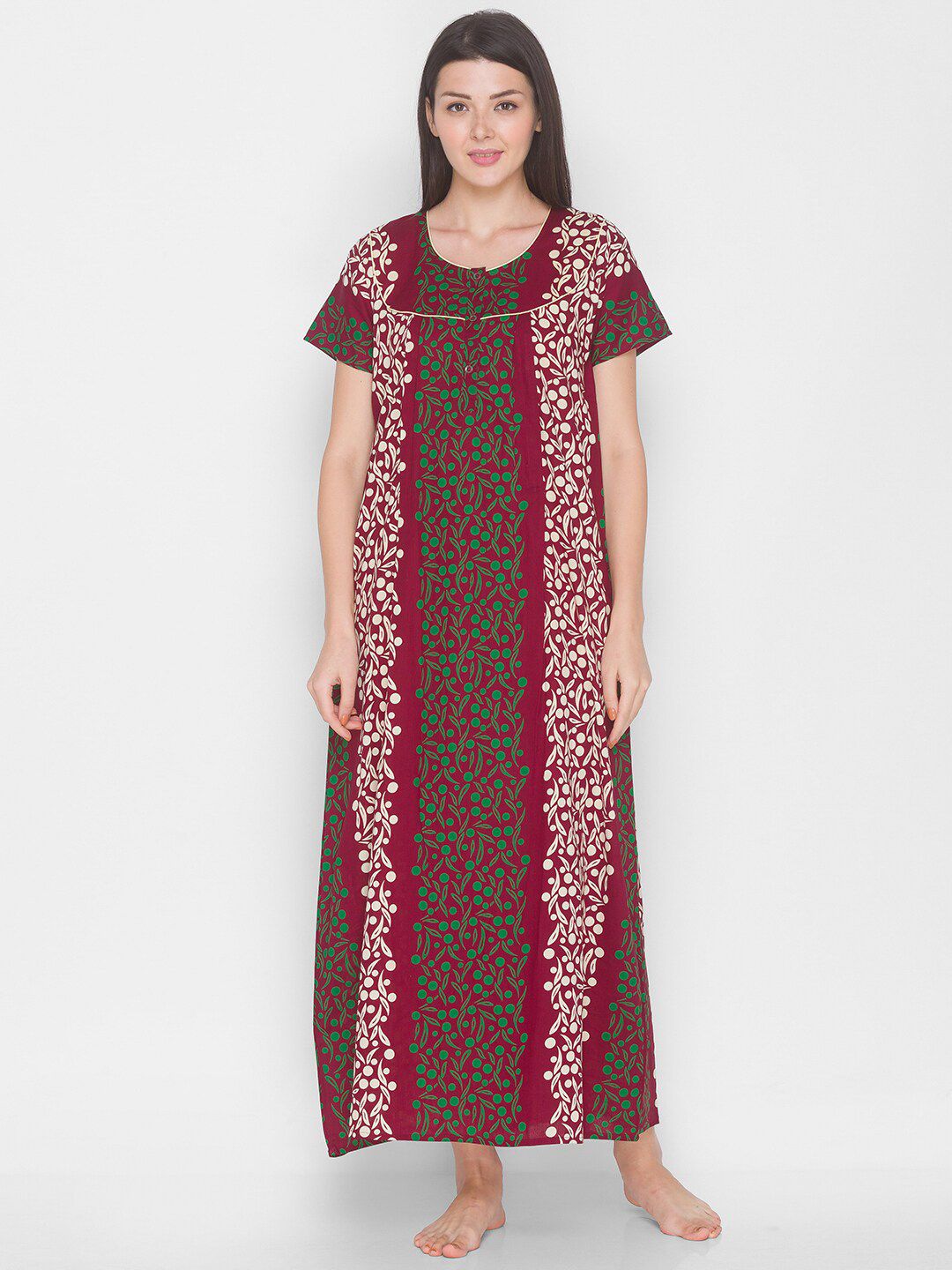 AV2 Women Maroon Printed Pure Cotton Nightdress