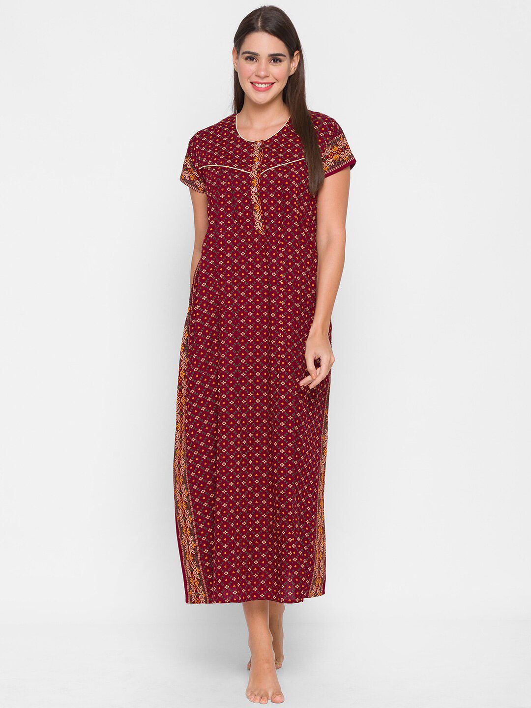 AV2 Maroon Printed Maxi Nightdress