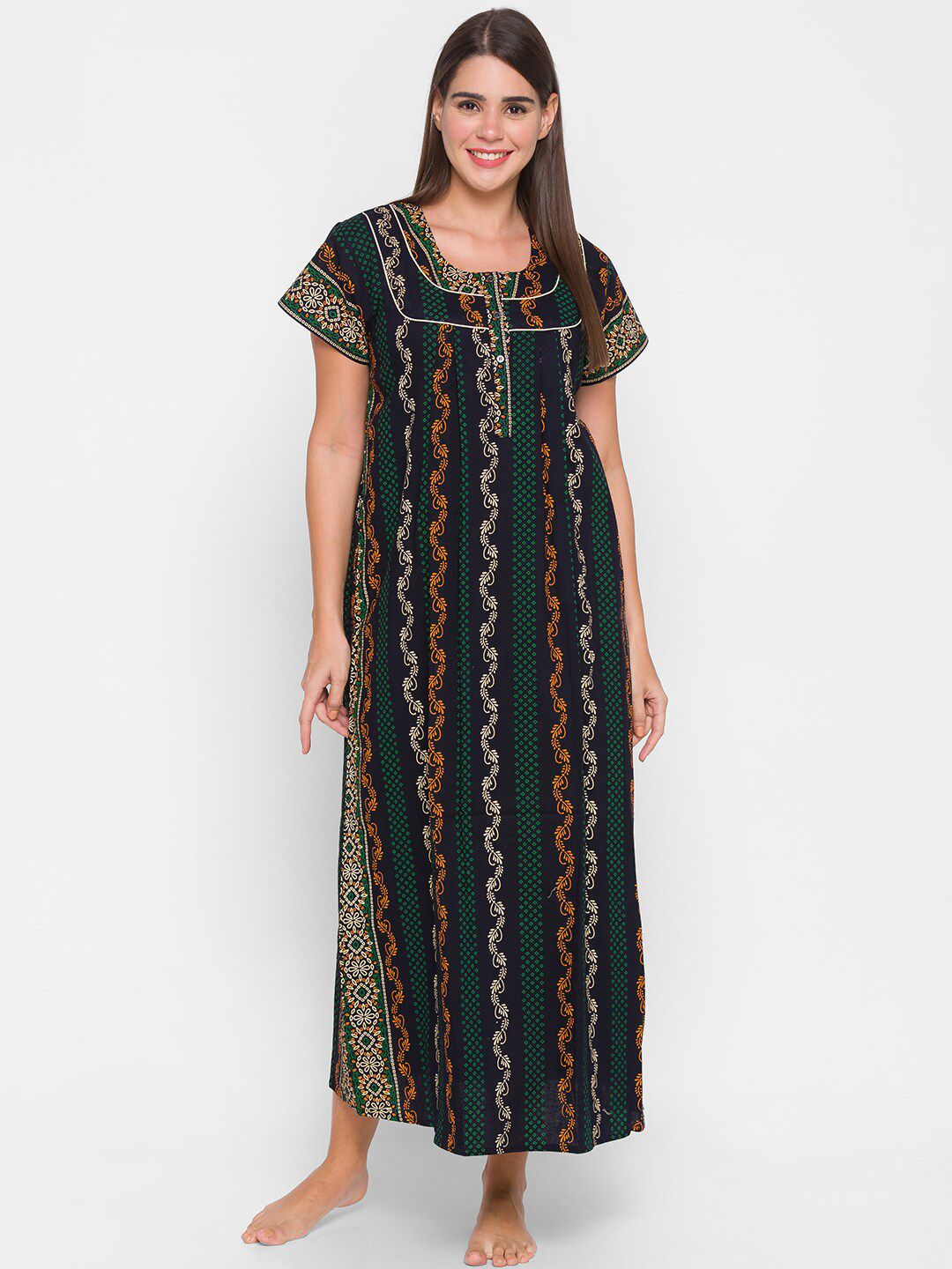 AV2 Women Blue Printed Cotton Nightdress