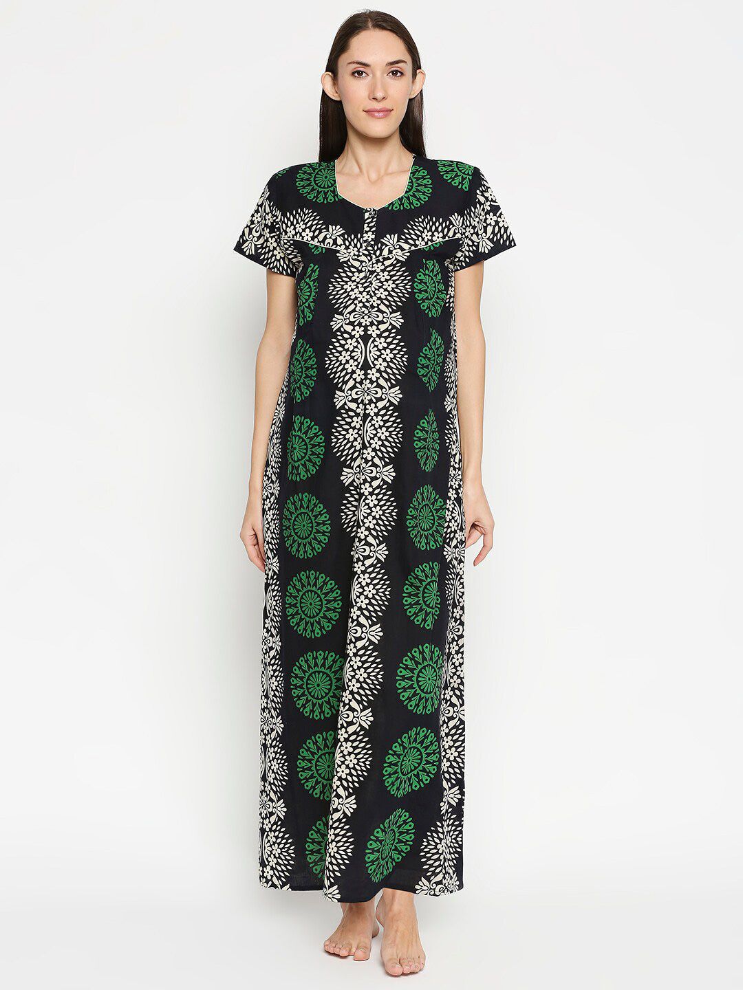 AV2 Black Printed Pure Cotton Maxi Nightdress