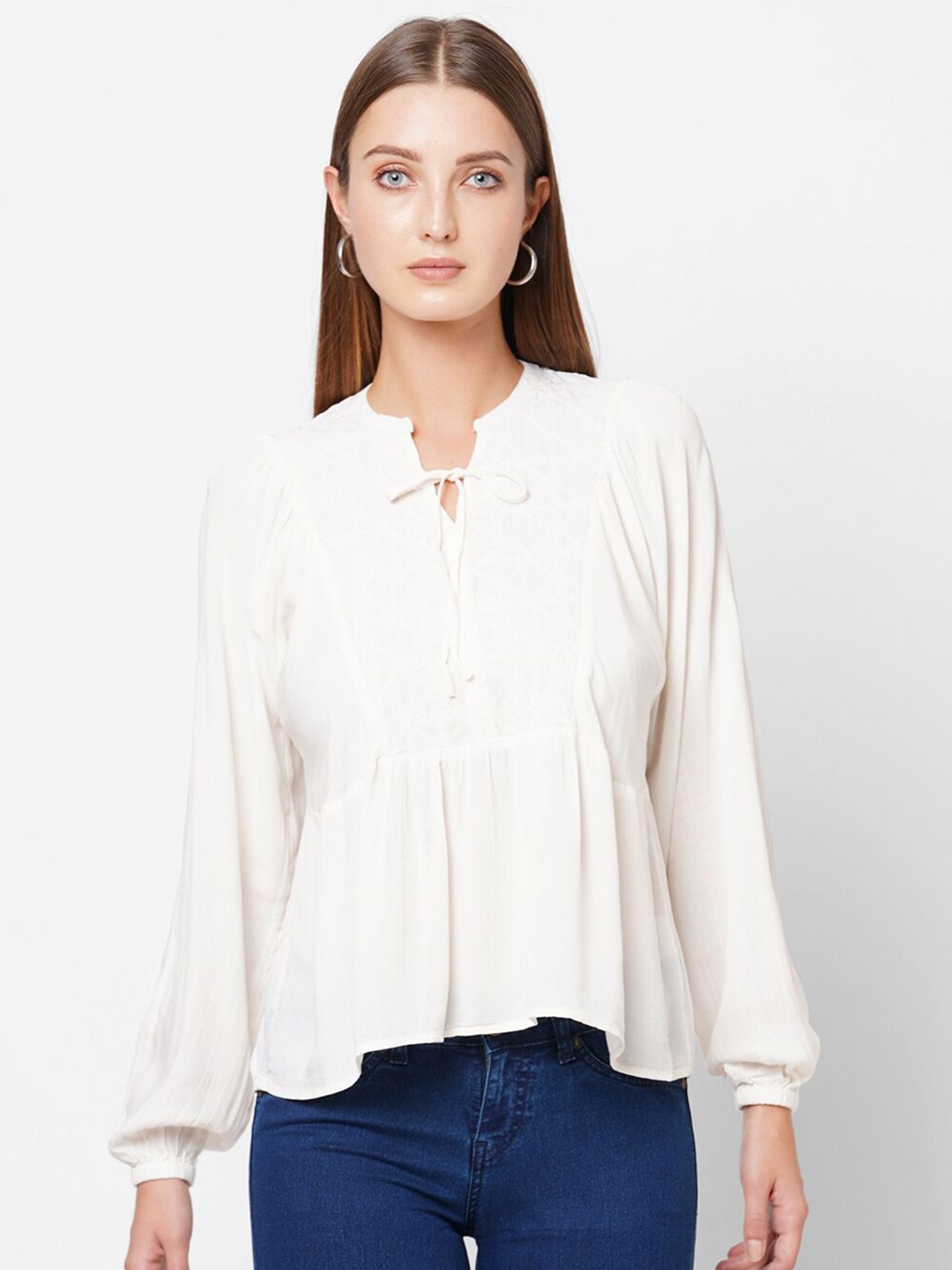 Pepe Jeans White Embroidered Tie-Up Neck A-Line Top Price in India