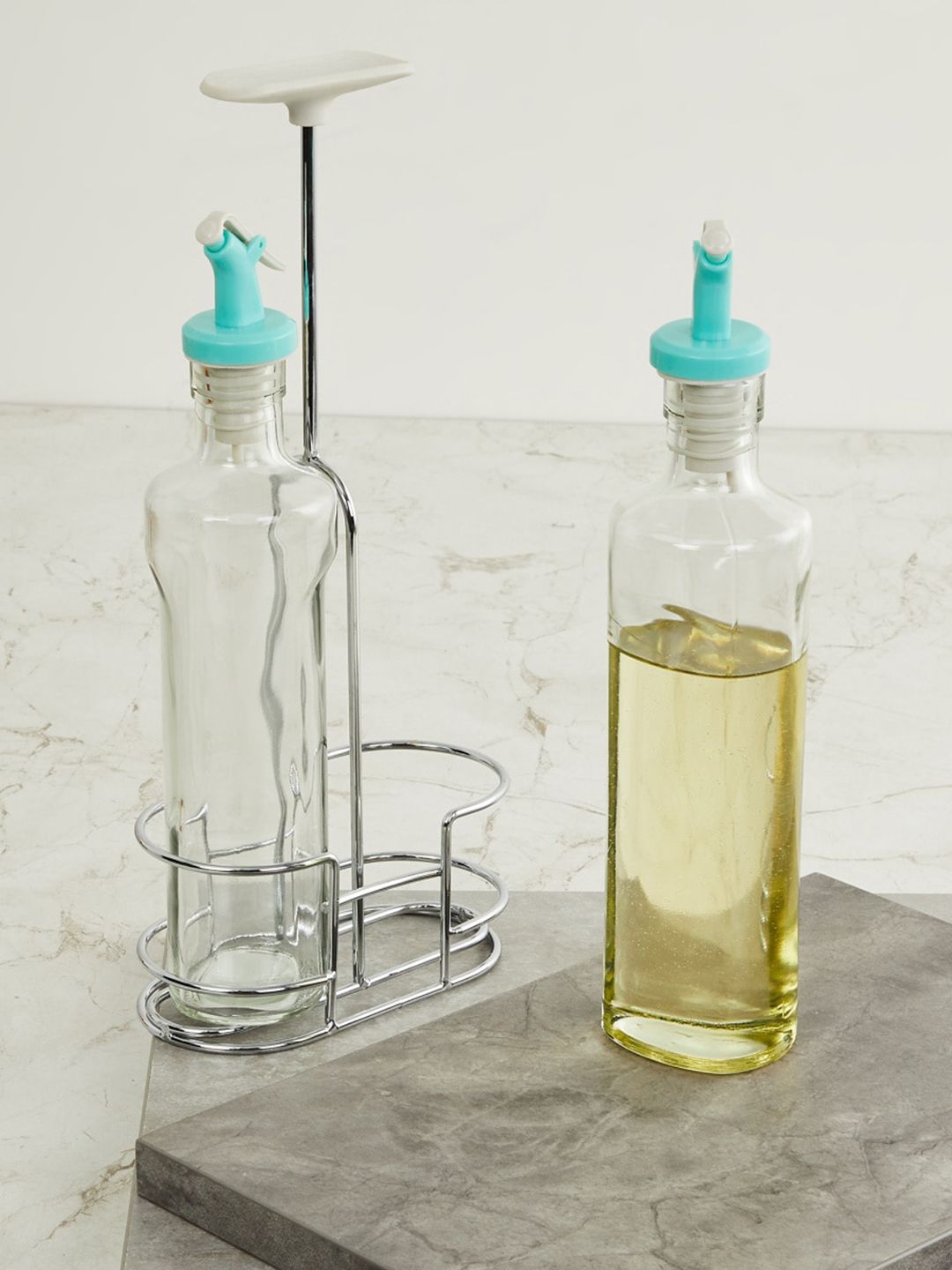 Home Centre Transparent & Blue Set of 2 Oil & Vinegar Bottle With Stand 350ml Price in India