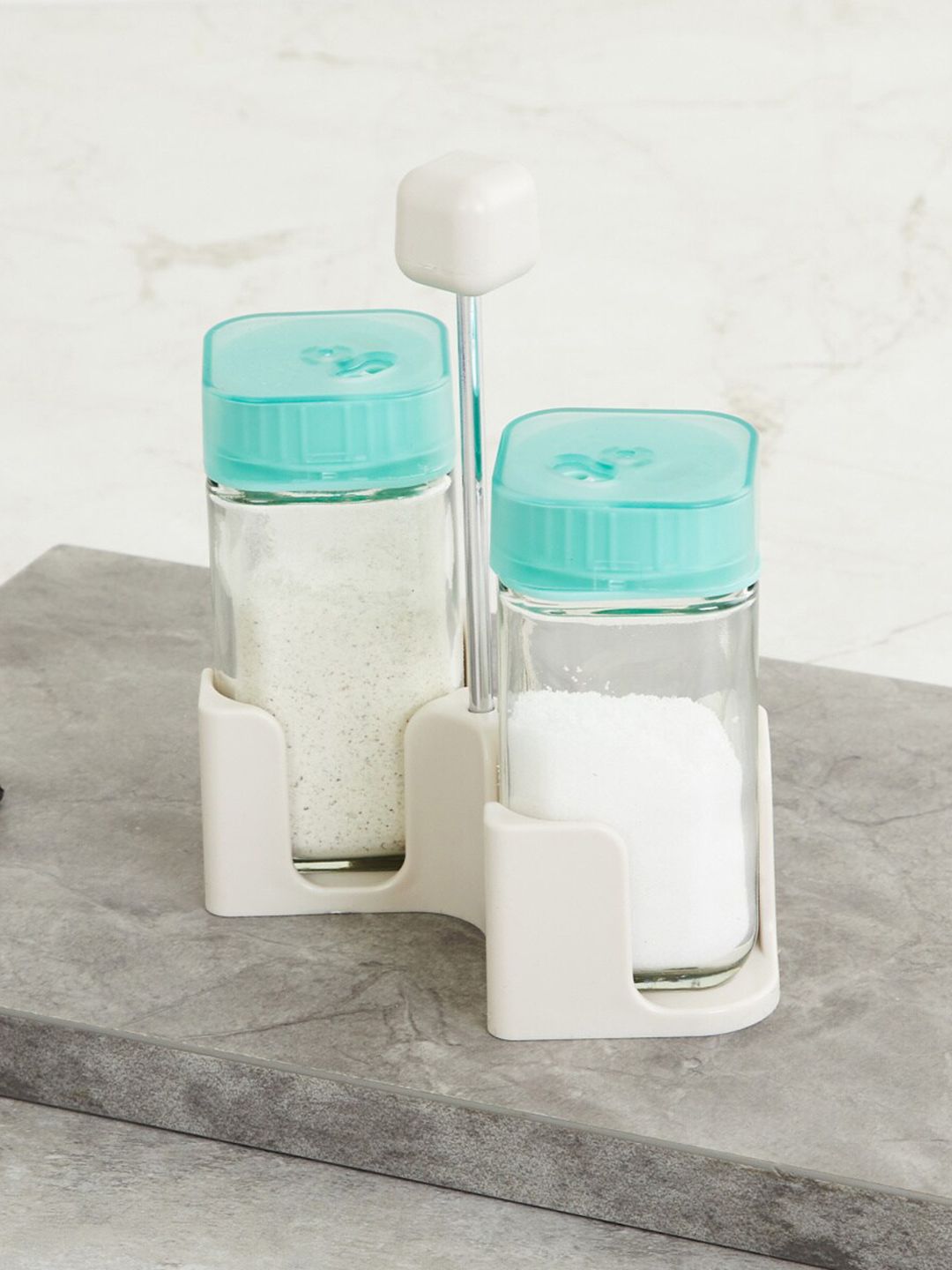 Home Centre Set Of 2 Transparent & Turquoise Blue Spice Storage Jars With Stand Price in India