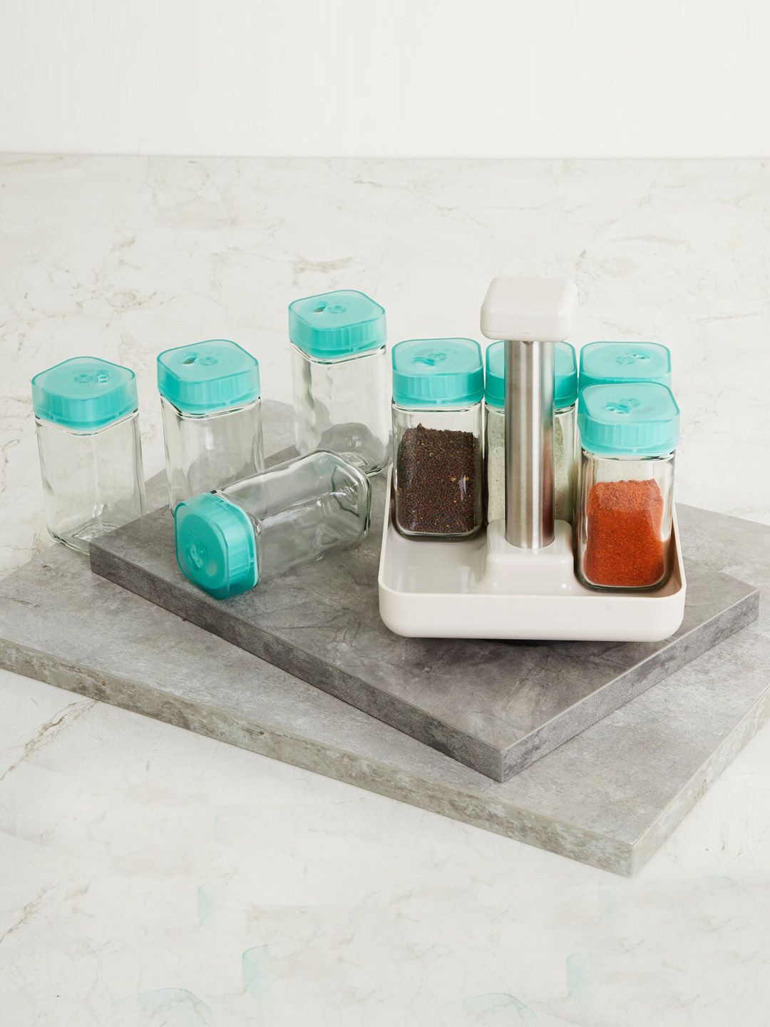 Home Centre Set Of 8 Transparent & Blue Spice Bottles With Rack Price in India