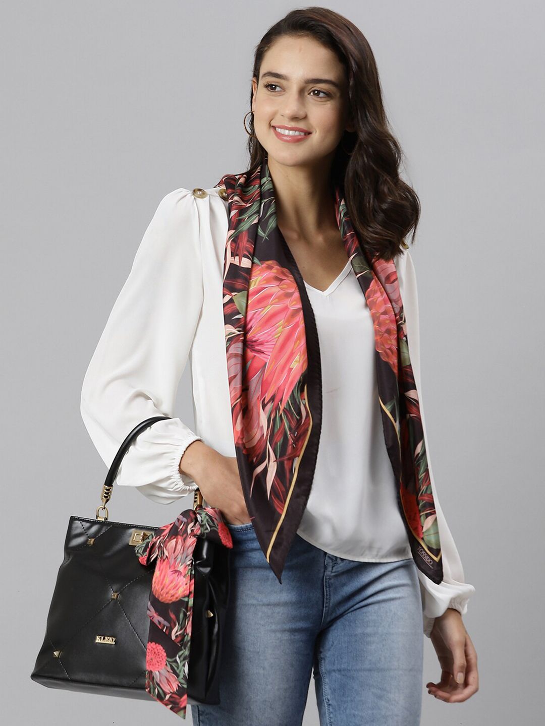 Tossido Women Black & Rose Printed Designer Scarf Price in India