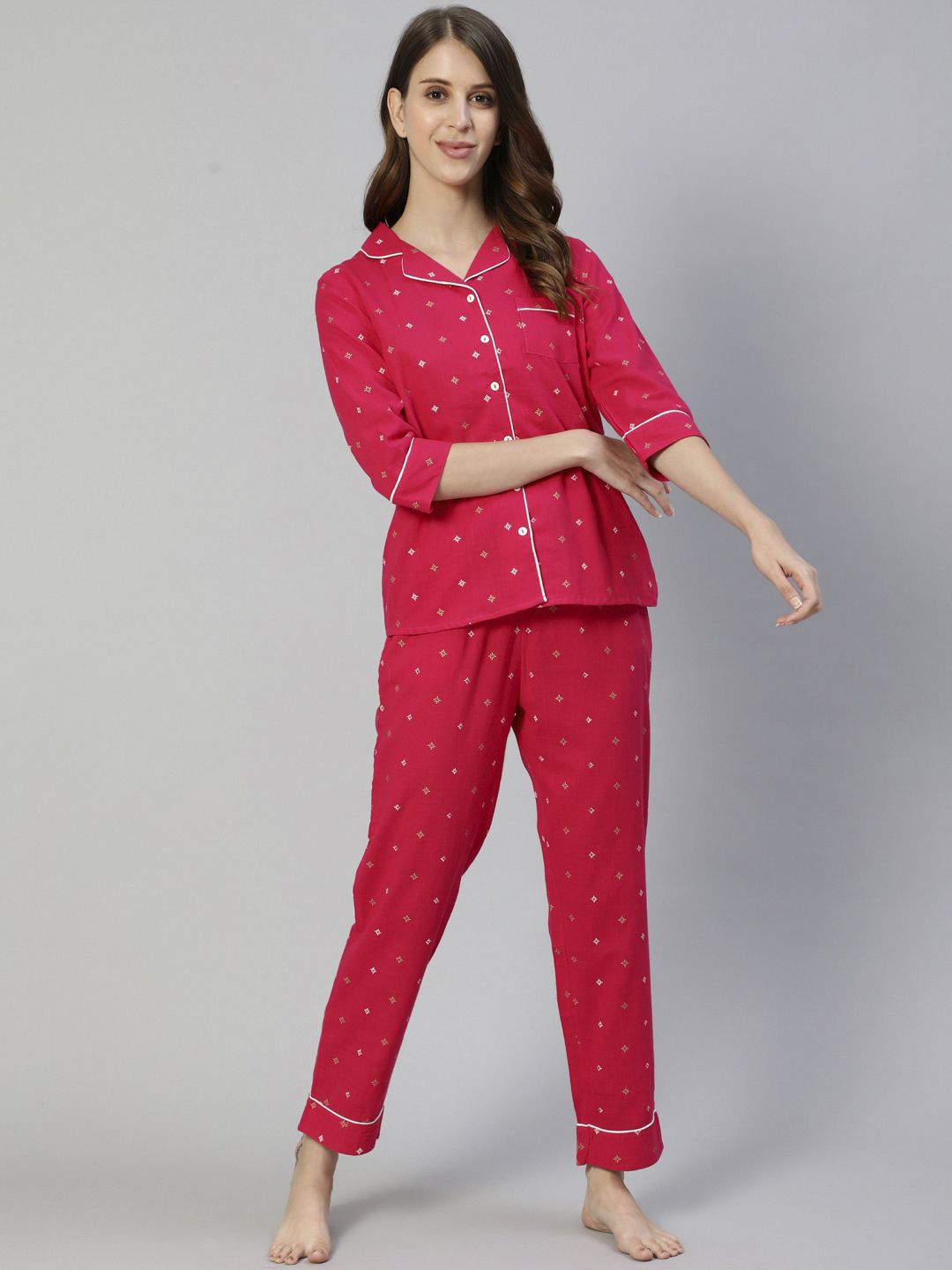Ishin Women Pink & White Pure Cotton Printed Night suit Price in India