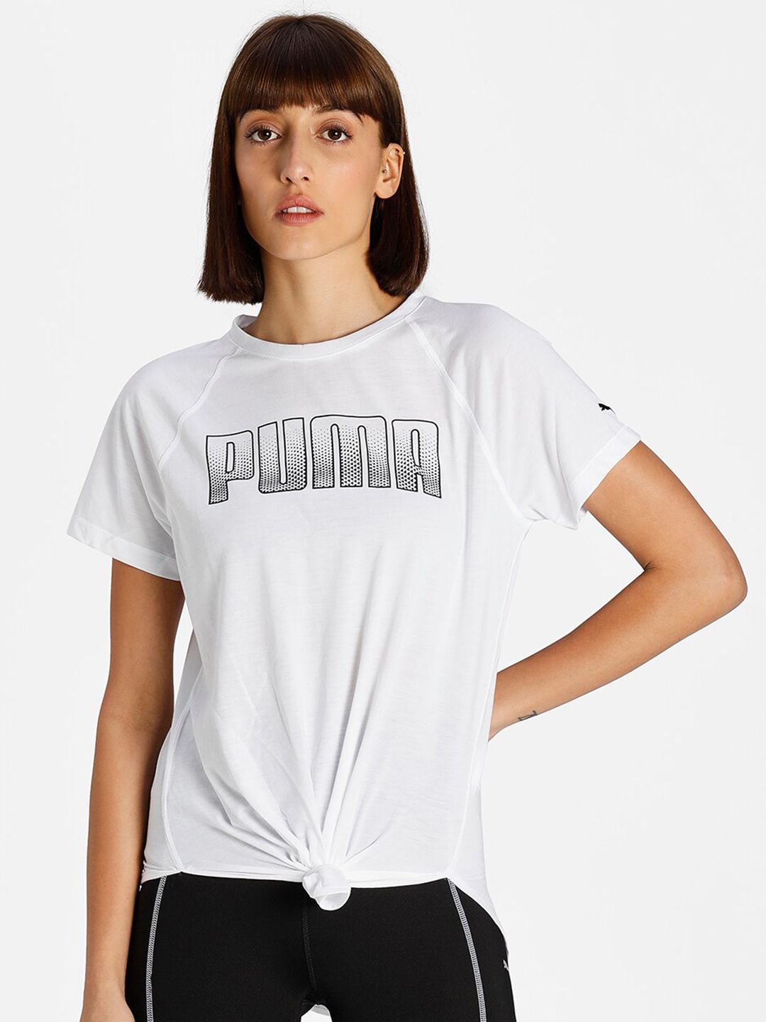Puma Women White & Black Digital Logo Printed Training or Gym T-shirt Price in India