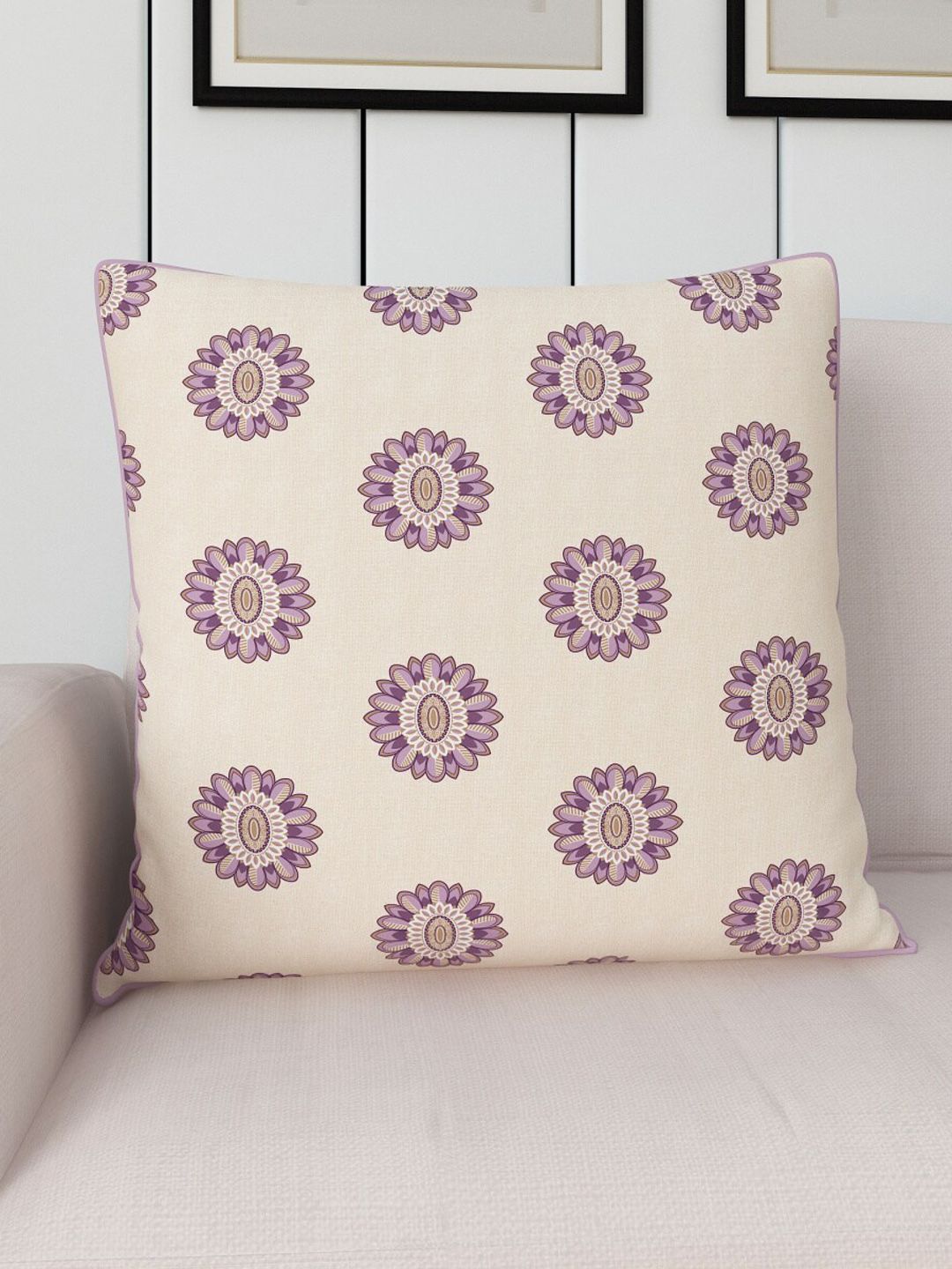 Home Centre Purple & Cream-Coloured Printed Cotton Filled Cushion Price in India