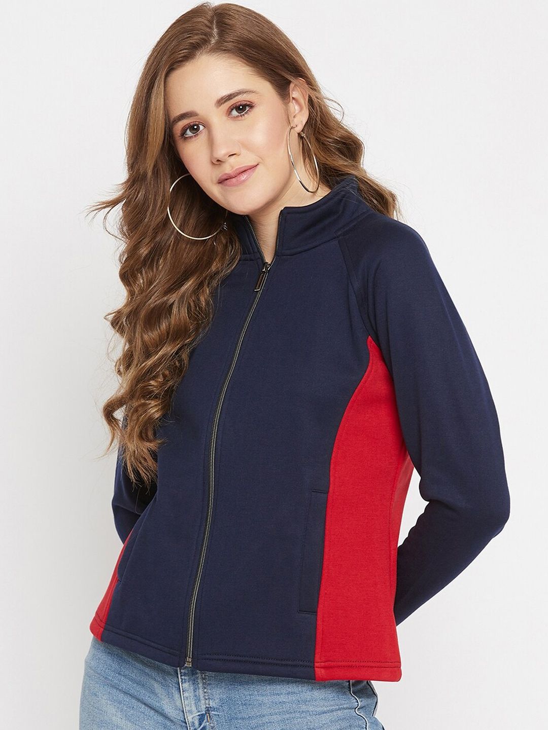 AGIL ATHLETICA Women Navy Blue & Red Colourblocked Tailored Jacket Price in India