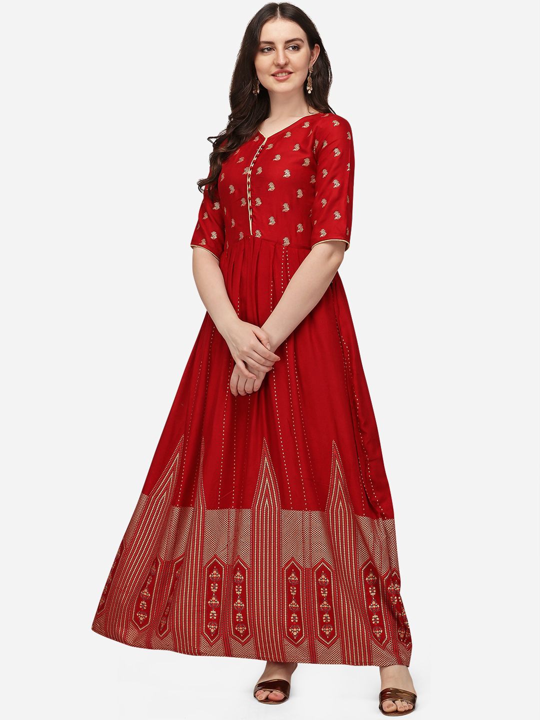 SAADHVI Red Ethnic Motifs Printed Maxi Dress Price in India