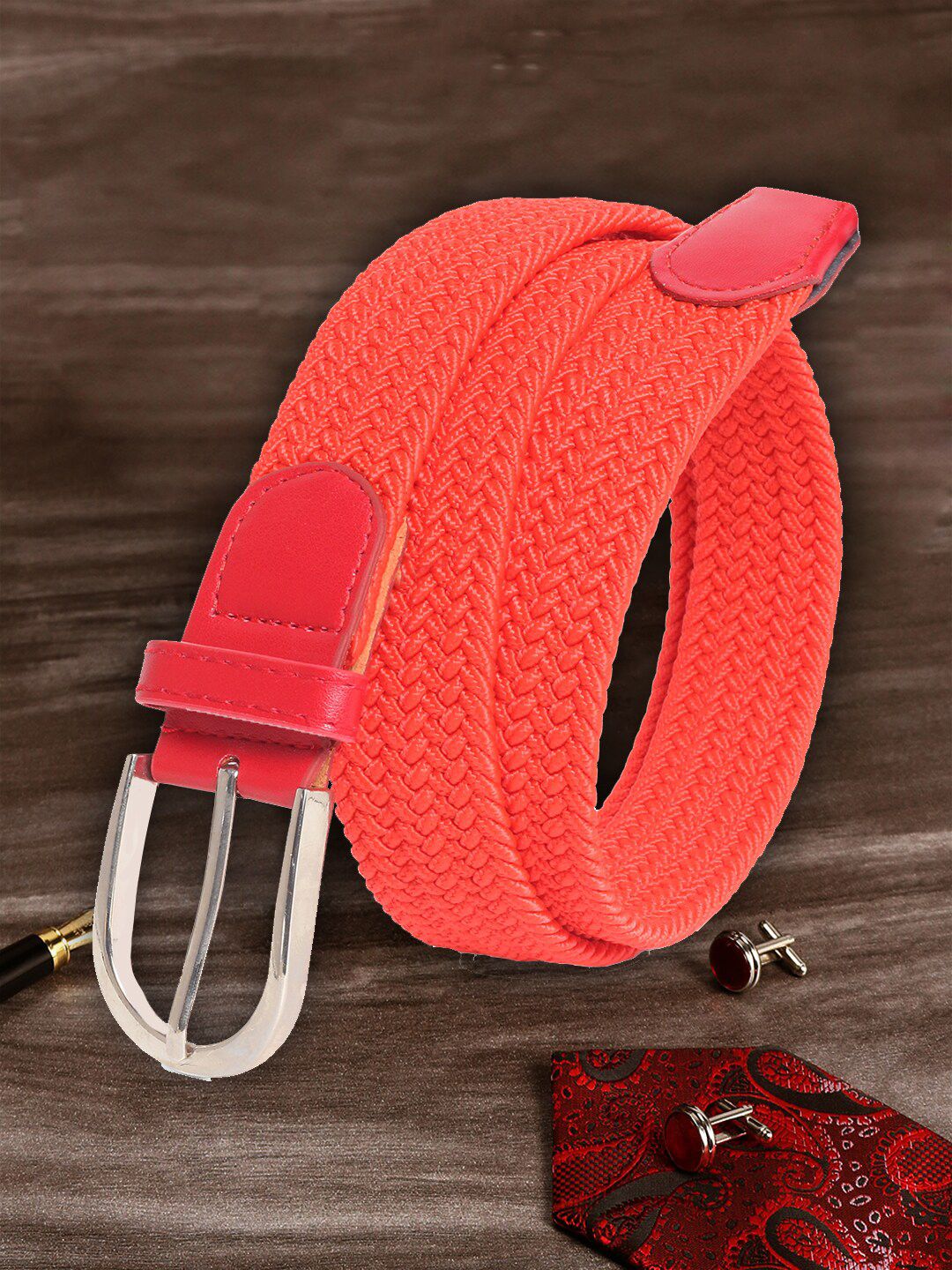 MUTAQINOTI Unisex Red Woven Design Slim Belt Price in India