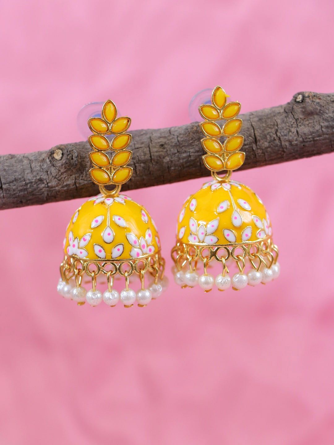 Crunchy Fashion Yellow Contemporary Leaf Design Jhumkas Earrings Price in India