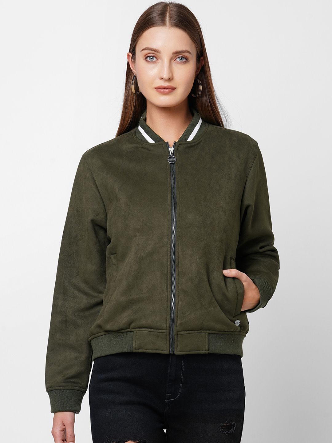 Pepe Jeans Women Olive Green Lightweight Bomber Jacket Price in India