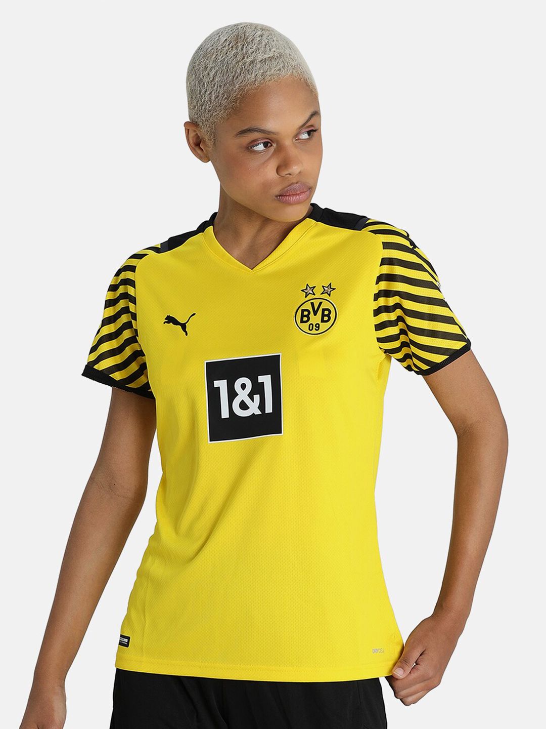 Puma Women Yellow & Black Printed V-Neck T-shirt Price in India