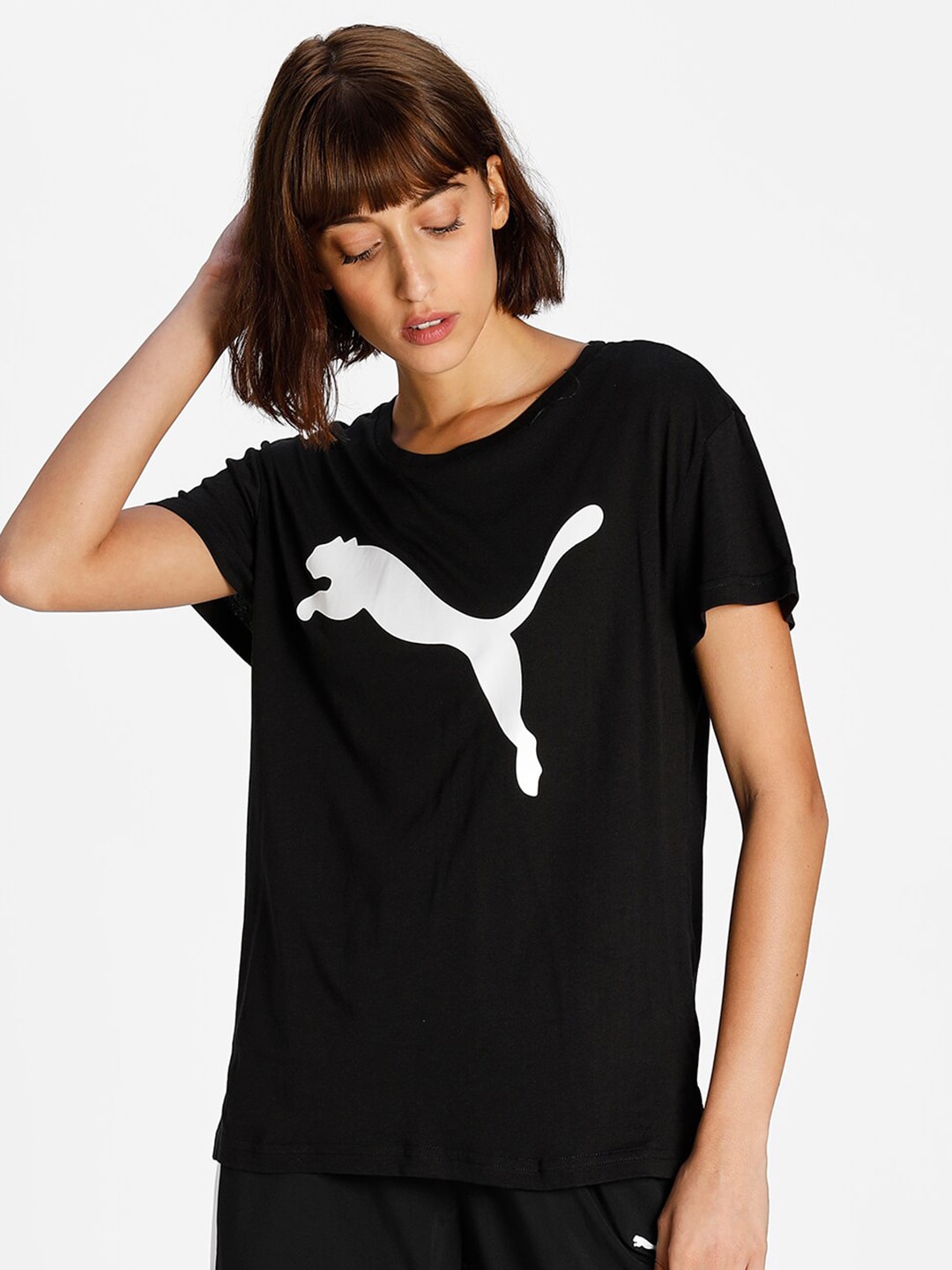 Puma Women Black & White Brand Logo Printed T-shirt Price in India