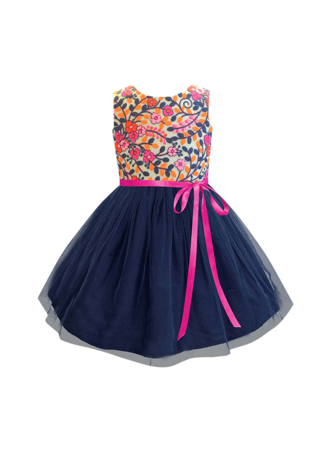 A T U N Girls Navy Blue Floral Embroidered Net Dress