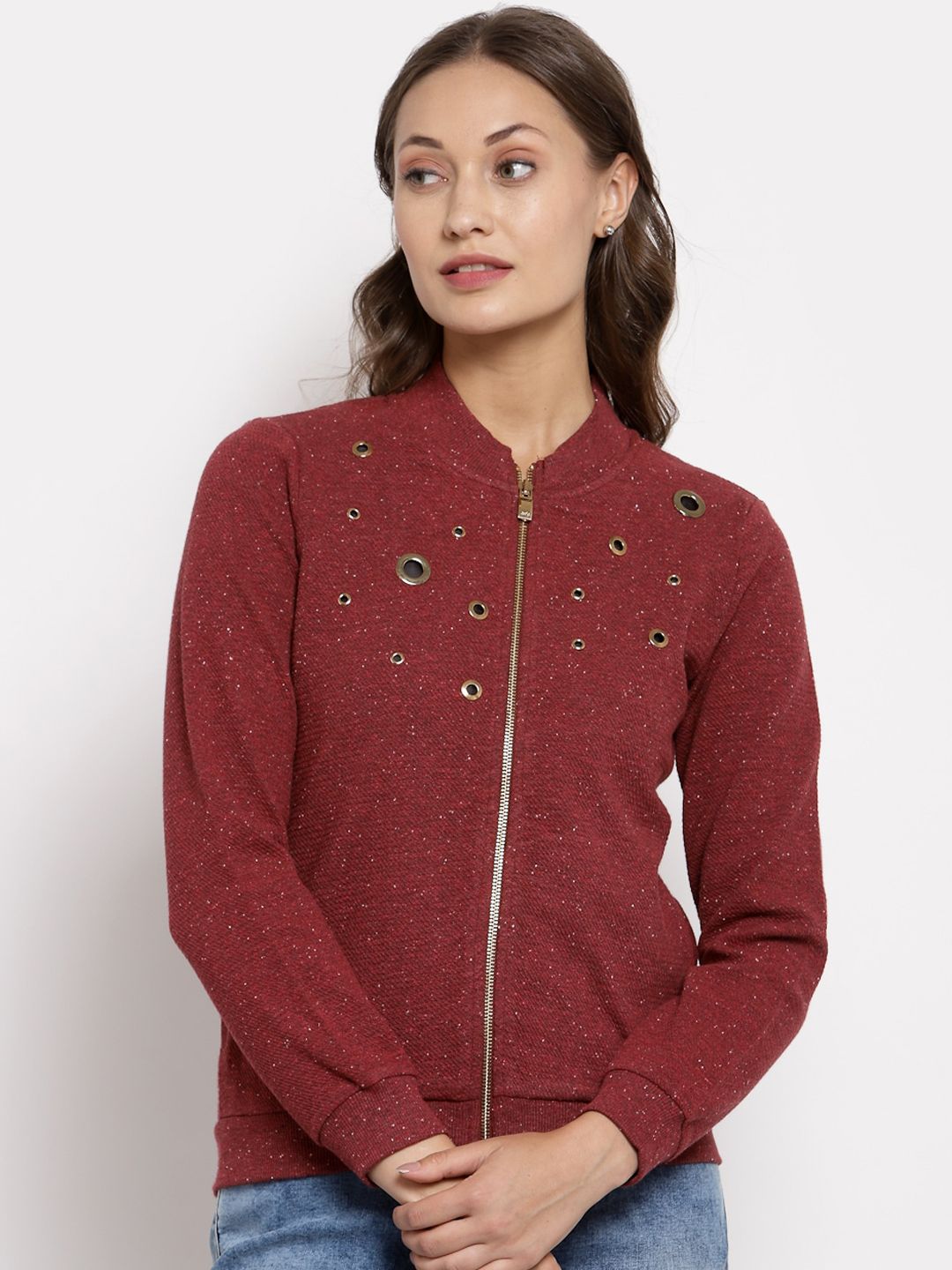 Juelle Women Red & Gold-Toned Embellished Sweatshirt Price in India