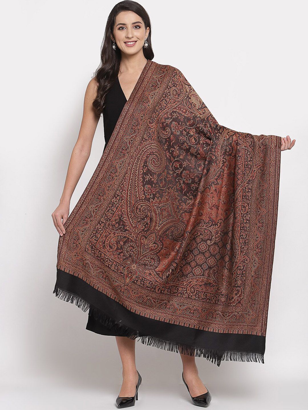 Pashtush Women Black & Brown Woven-Design Shawl Price in India