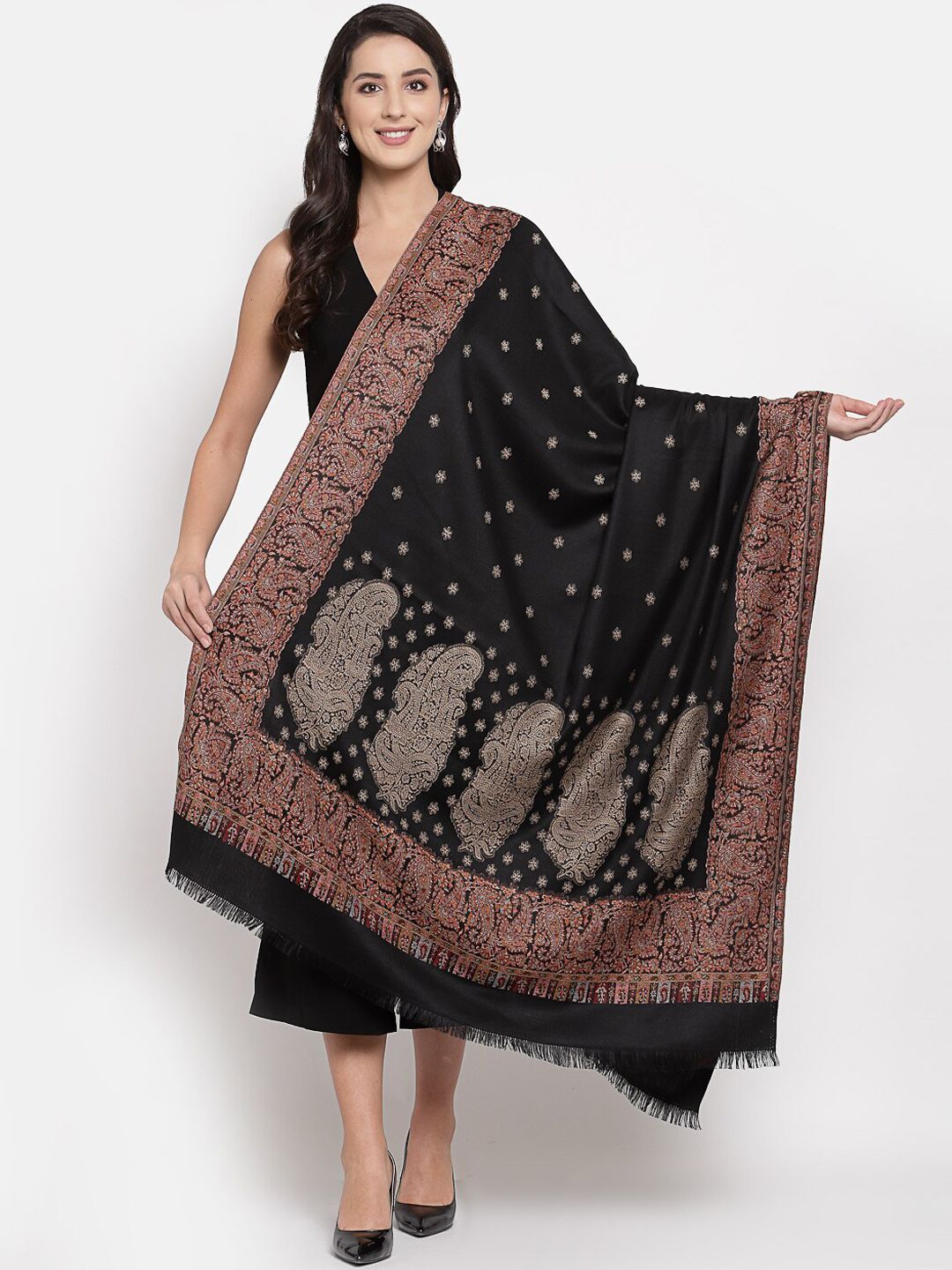 Pashtush Women Black & Beige Woven-Design Shawl Price in India