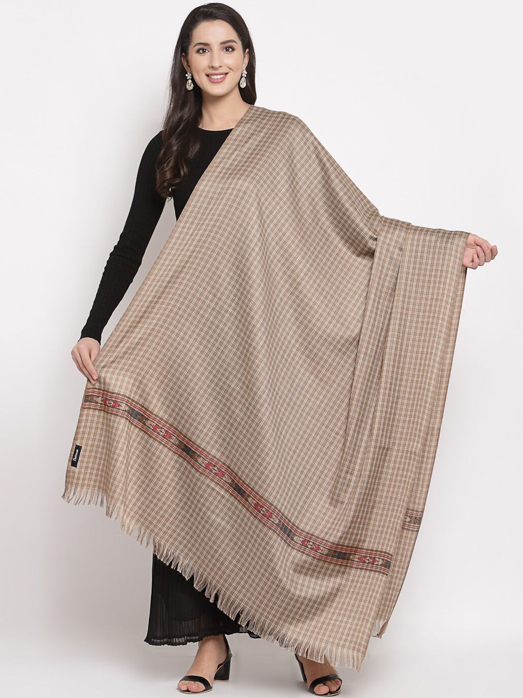 Pashtush Women Beige & Brown Checked Kullu Weave Shawl Price in India