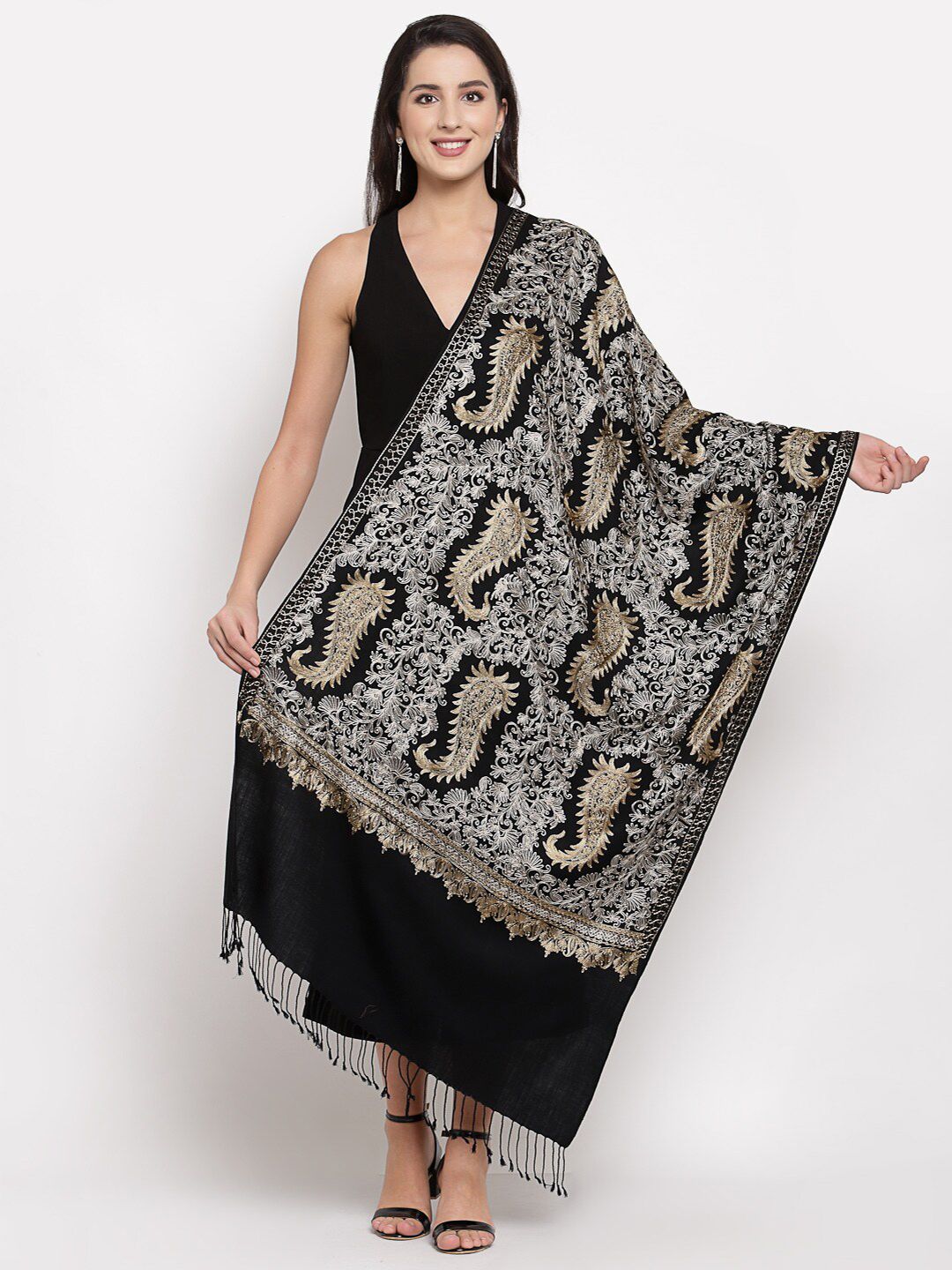 Pashtush Women Black & Silver-Toned Embroidered Stole Price in India