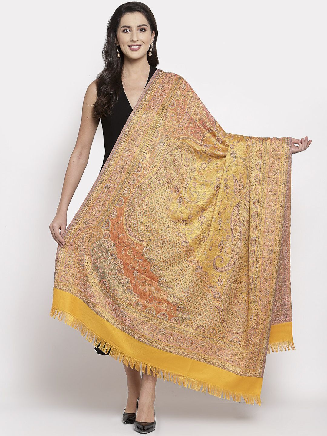 Pashtush Women Mustard-Yellow & Blue Woven-Design Shawl Price in India