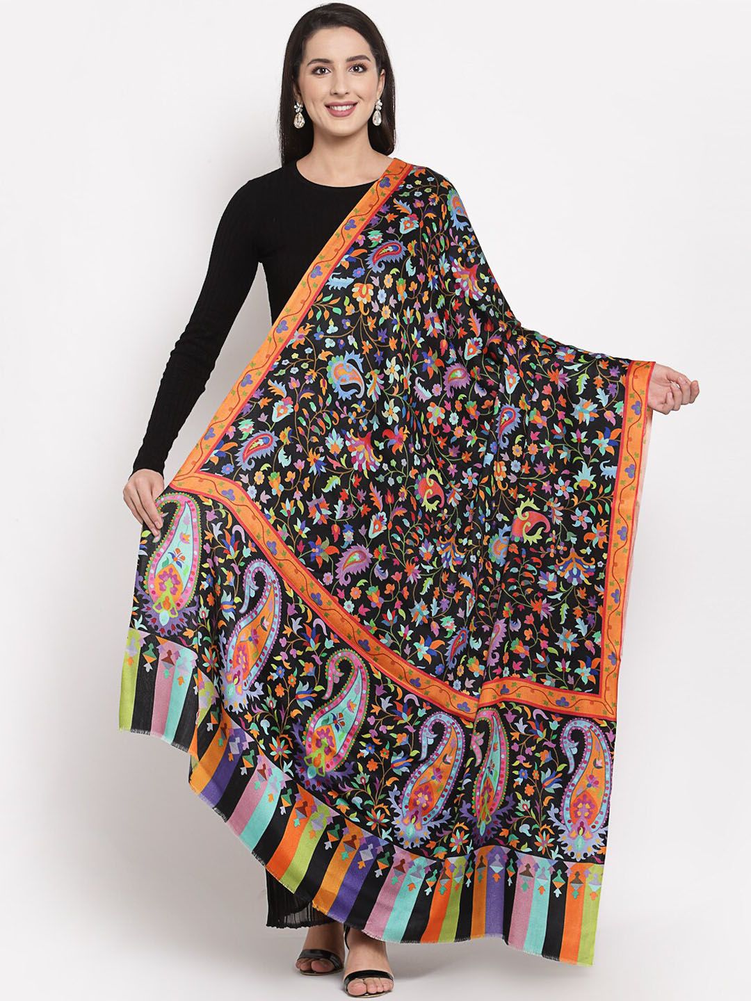 Pashtush Women Black & Orange Printed Pure Woollen Shawl Price in India
