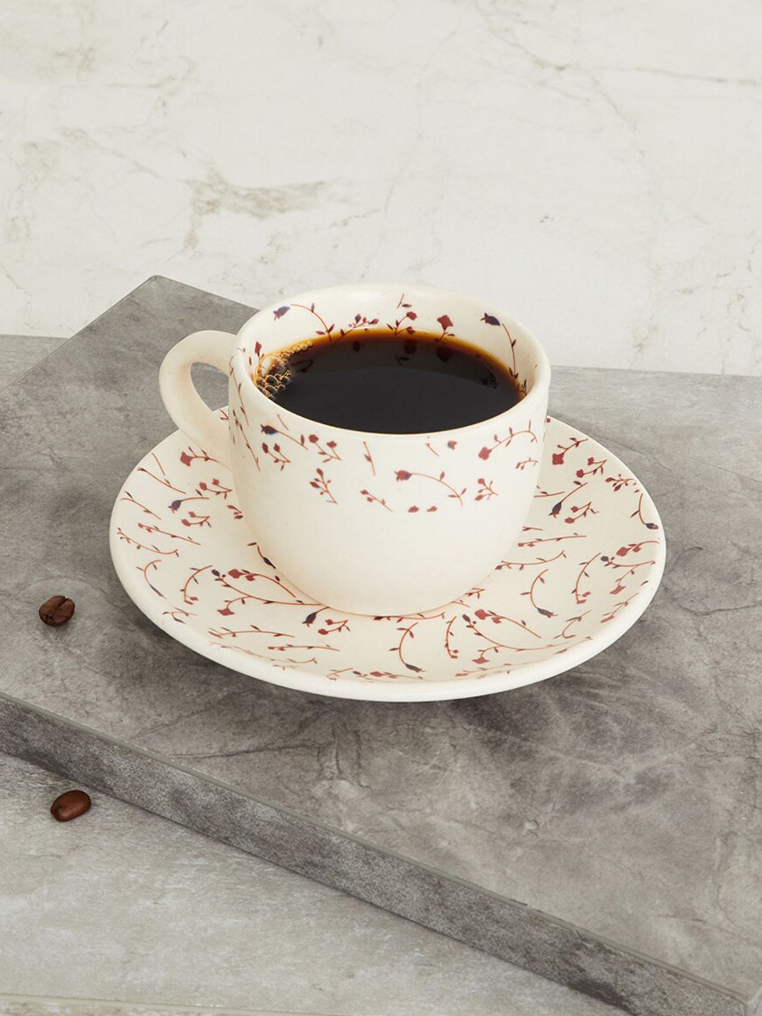 Home Centre Beige & Red Printed Stoneware Matte Cups and Saucers Set Price in India