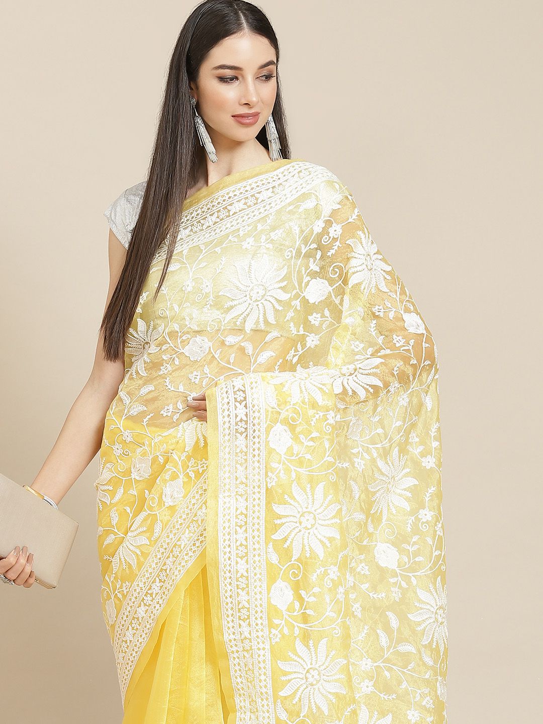 Anouk Mustard Yellow & White Floral Organza Saree