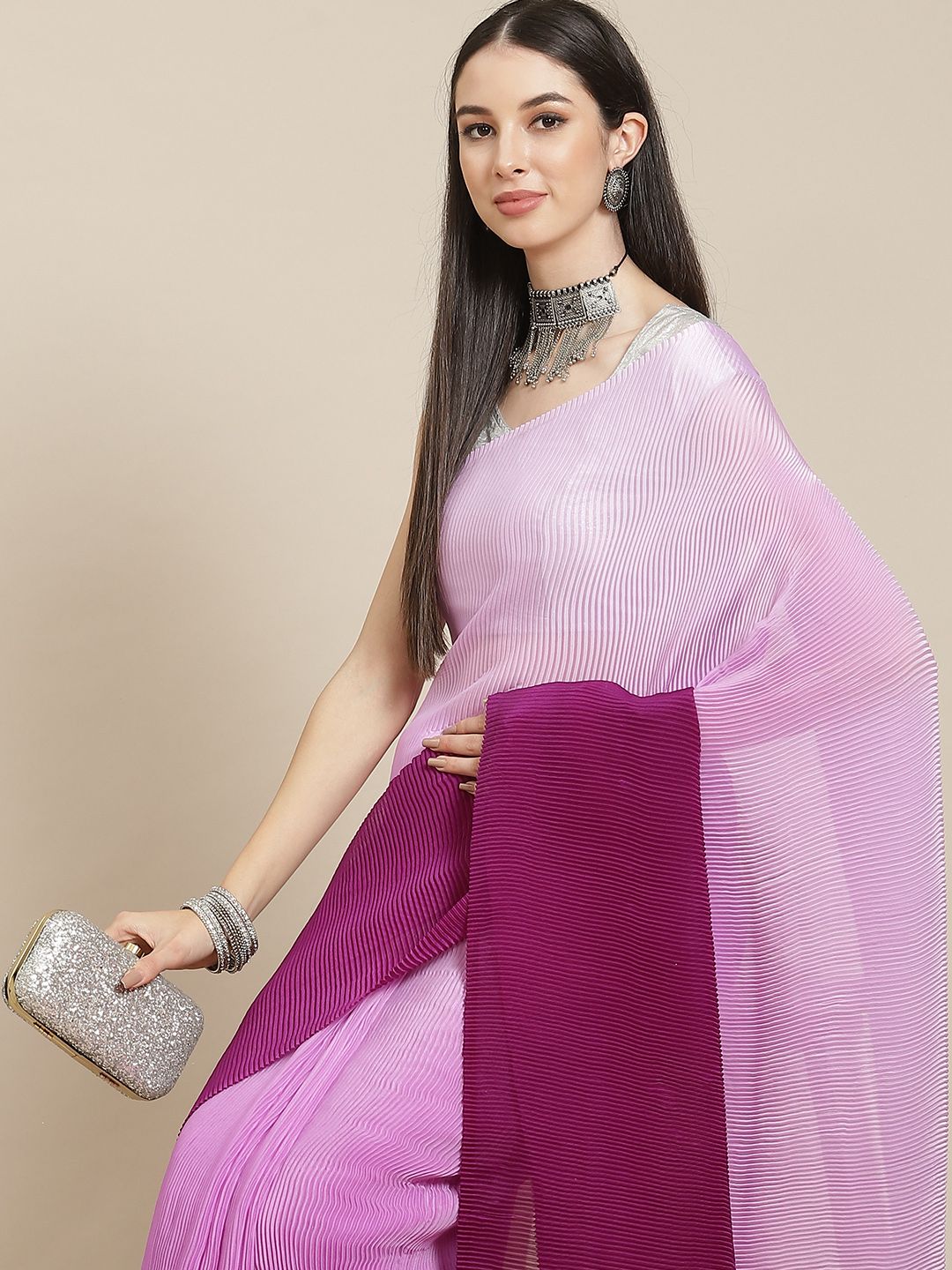 Anouk Burgundy & Pink Ombre Accordion Pleated Saree