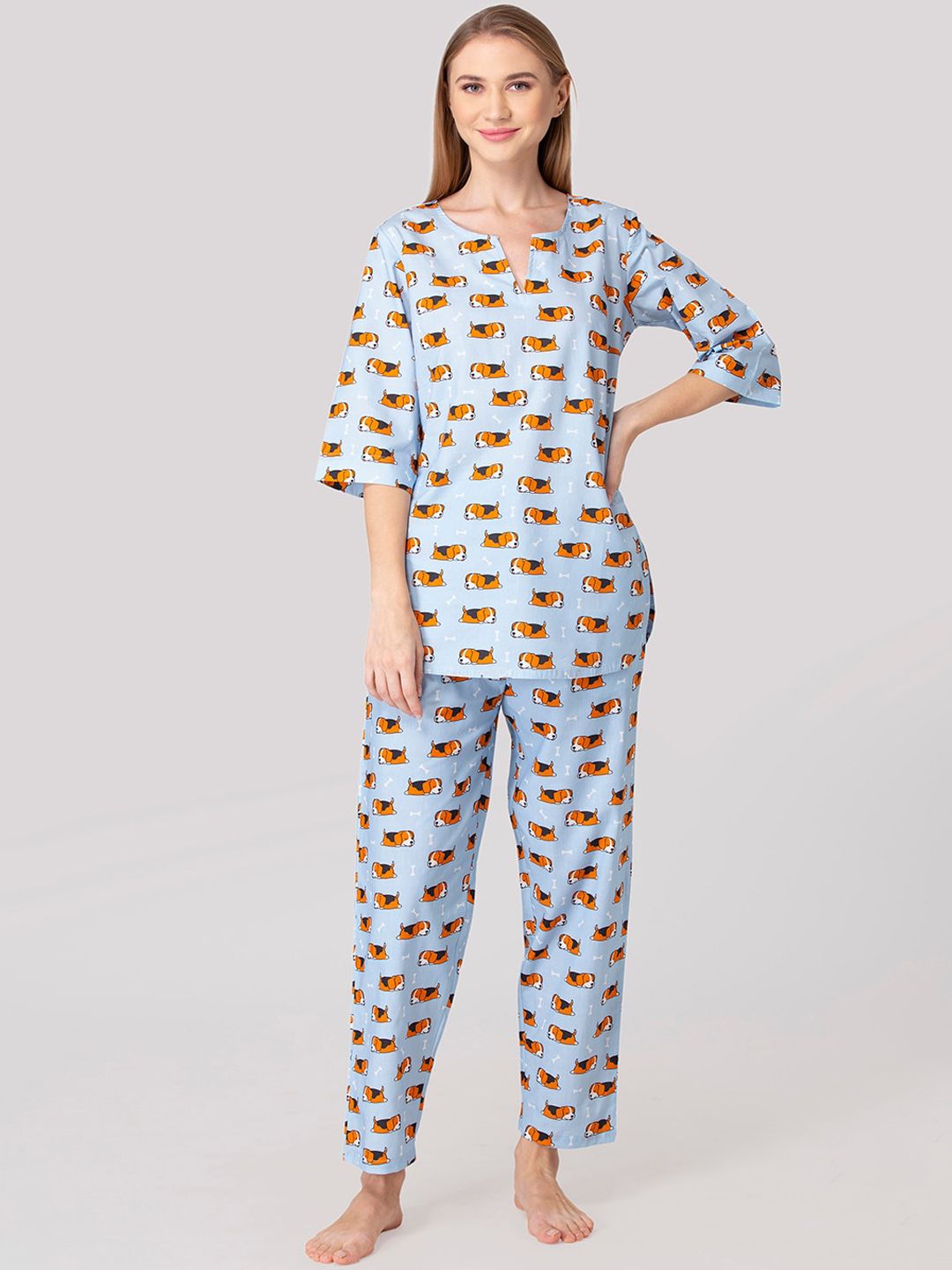 Fluffalump Women Turquoise Blue & Yellow Printed Pure Cotton Night suit Price in India