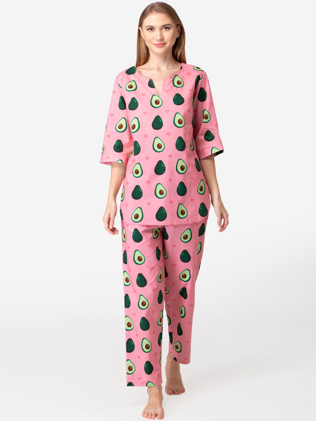 Fluffalump Women Pink & Green Conversational Printed Pure Cotton Night Suit Price in India