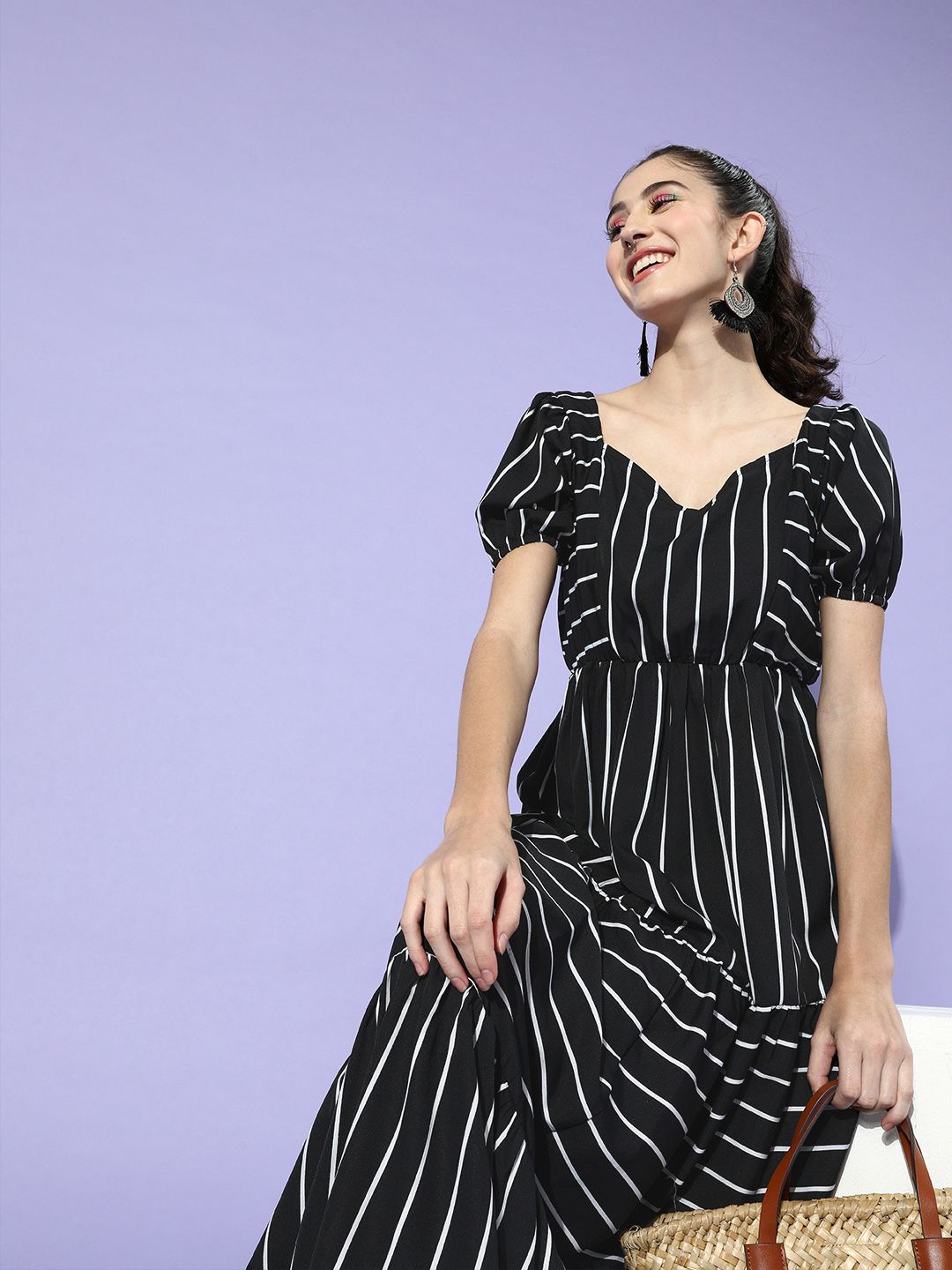U&F Black & White Striped Crepe Maxi Dress Price in India