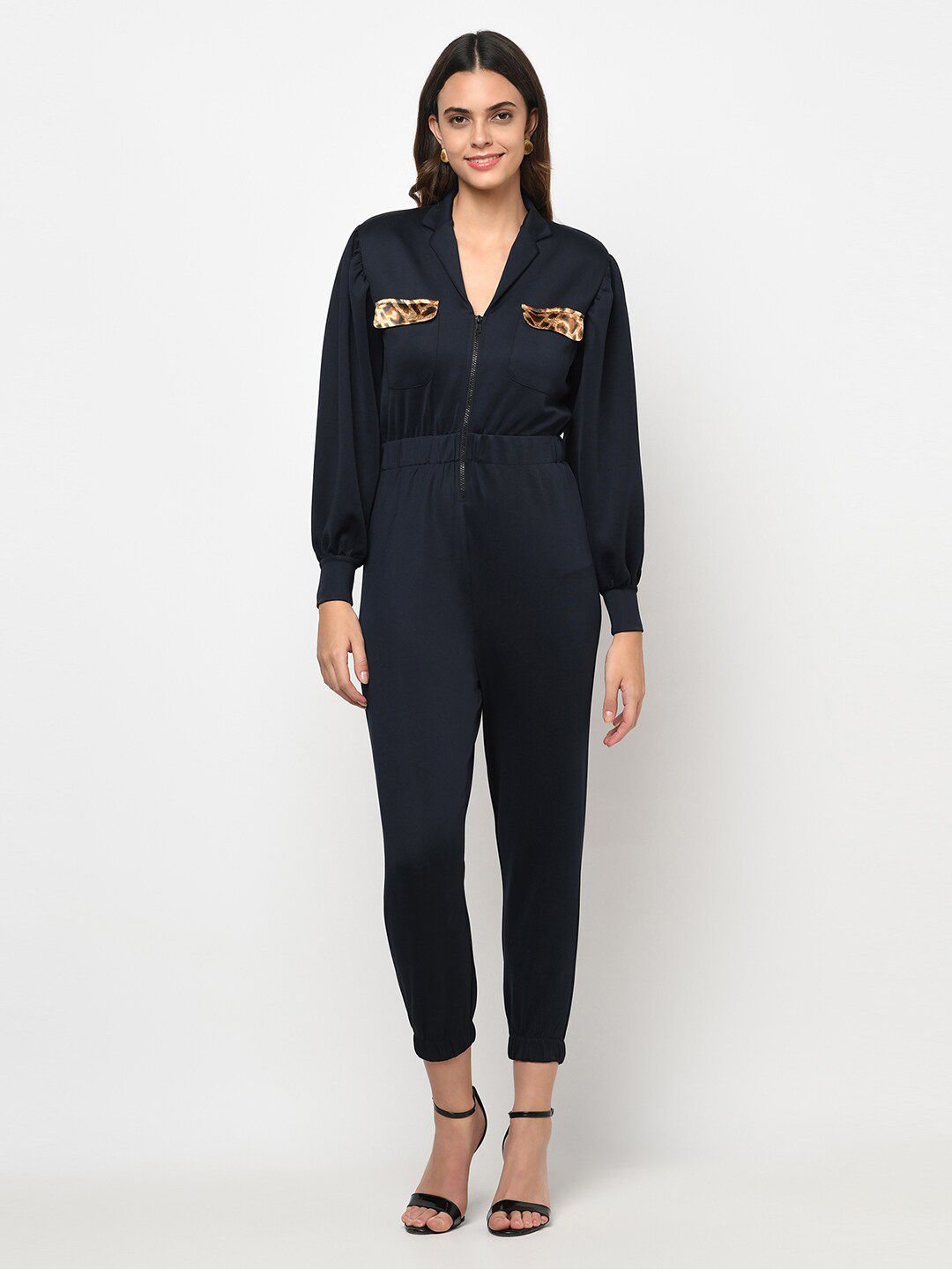 iki chic Navy Blue & Beige Front Zipper Jogger Fit Jumpsuit Price in India