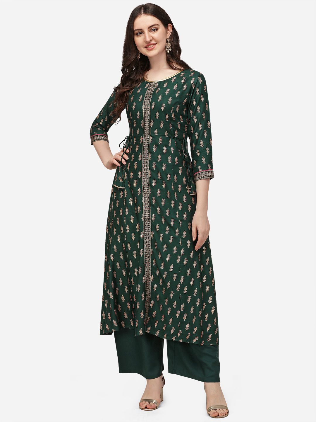 Florence Women Green & Gold-Toned Ethnic Motifs Foil Printed Midi Dress Price in India