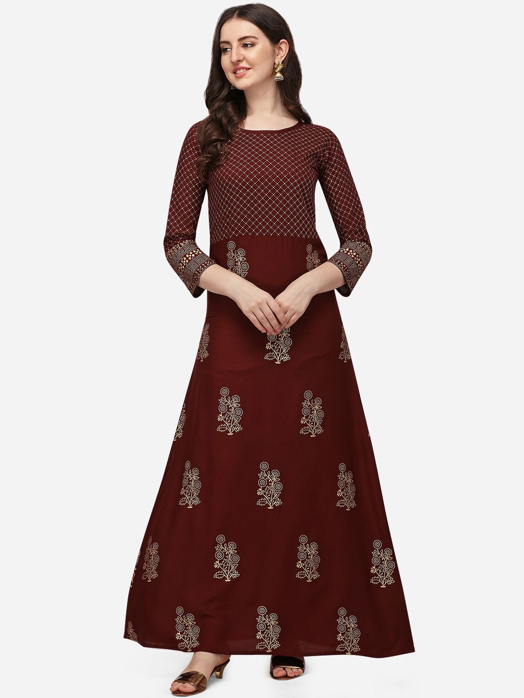 Florence Women Maroon & Gold-Toned Ethnic Motifs Foil Printed Maxi Dress Price in India